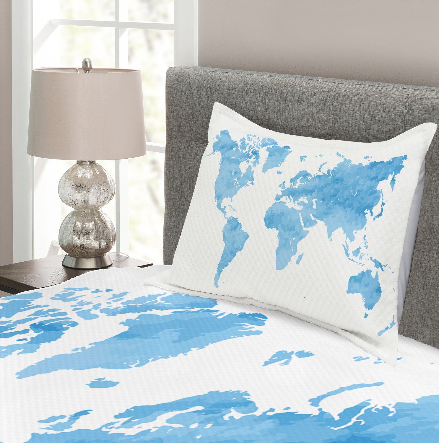 Abakuhaus, Blau Set Waschbar, Karte Tagesdecke Weltkarte Kissenbezügen Aquarell mit