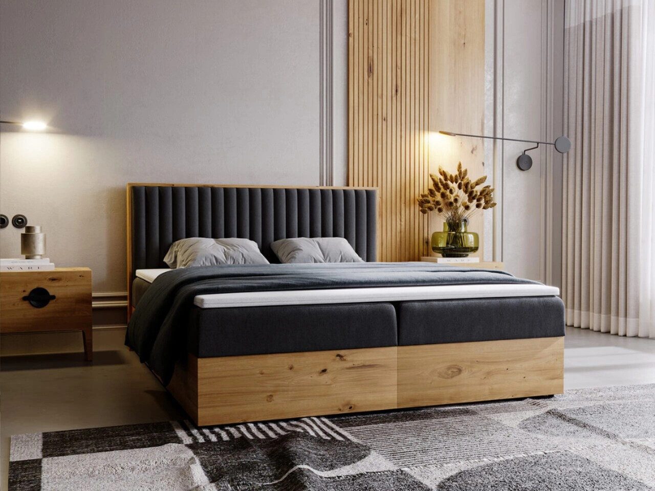 GrainGold Boxspringbett mit Bettkästen FOREST, Modern Bett mit Kopfteil, 140x200 cm, Anthrazit (1x Bett + 1x Topper)