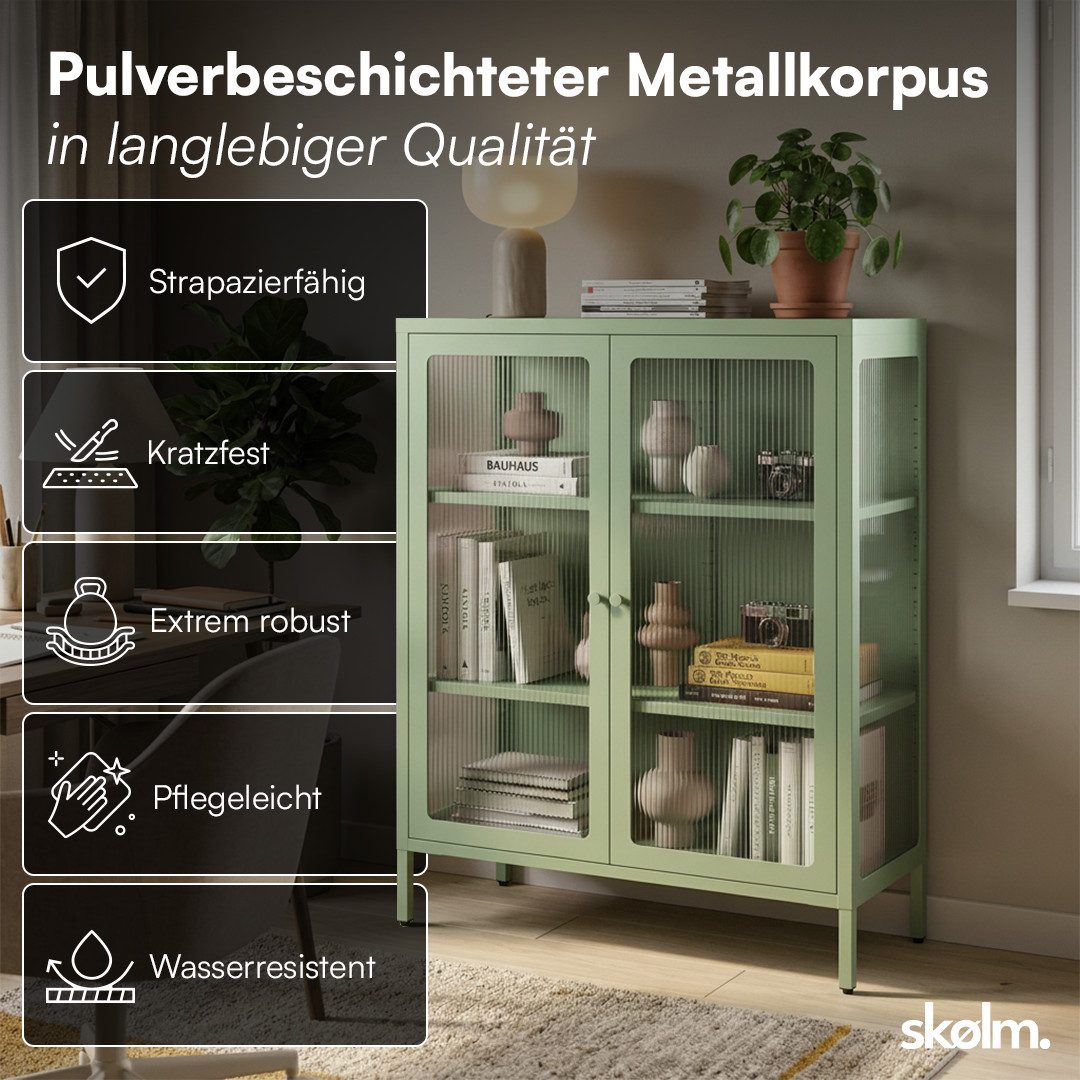 skølm Highboard Norns Vitrinenschrank mit Glastüren (mintgrün, bis 80 kg belastbar, kratzfest), Metallkommode mit verstellbaren Fächern, Sideboard 100x38x80 cm