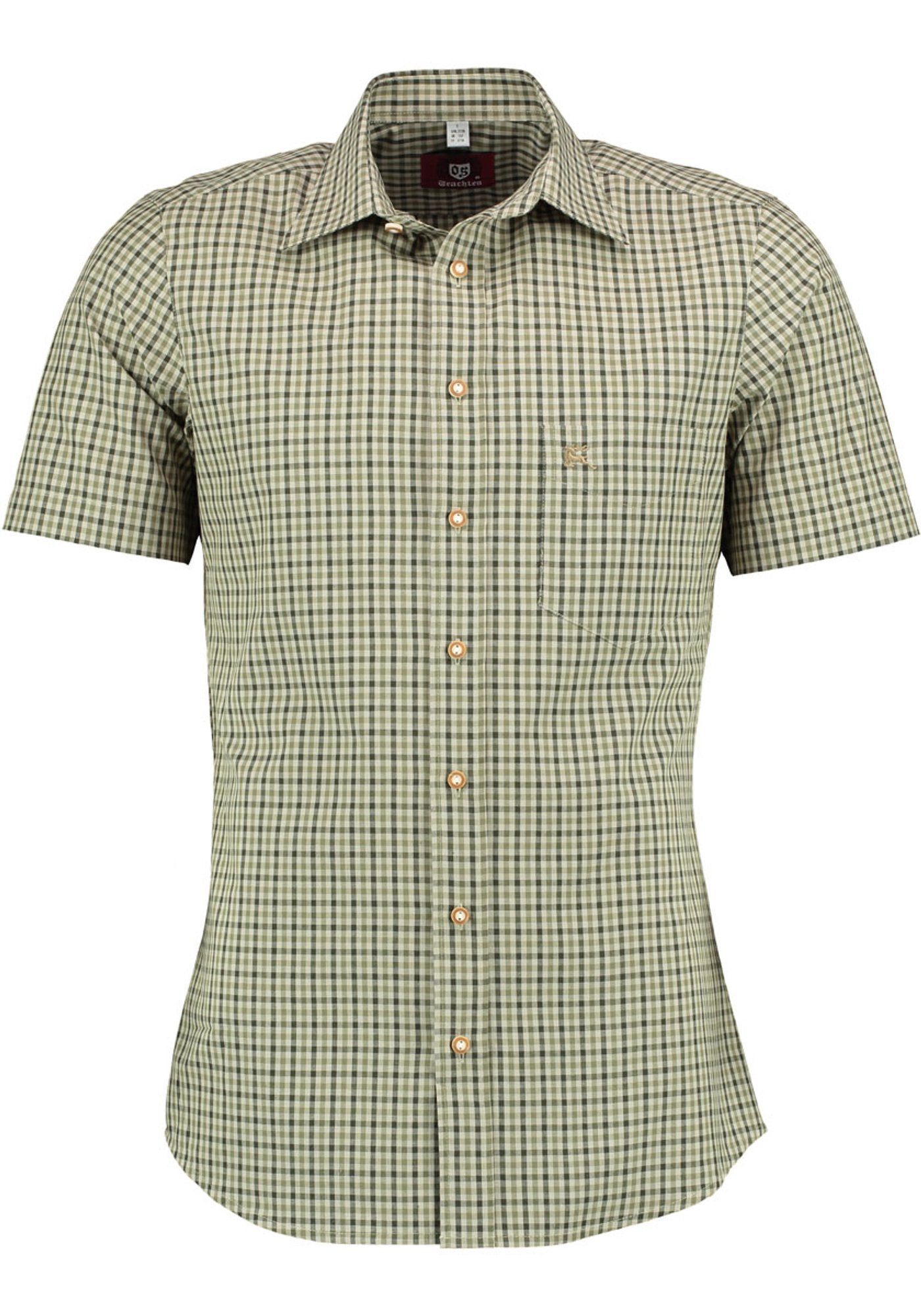 OS-Trachten Trachtenhemd Purli Kurzarmhemd auf Brusttasche dunkelgrün mit Hirsch-Stickerei der