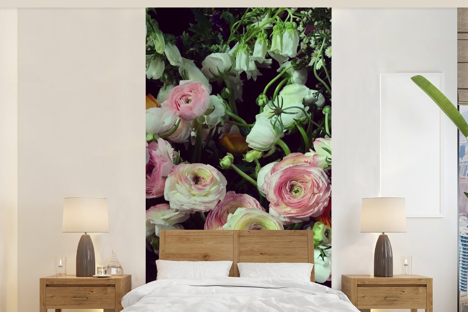 Vliestapete St), Fototapete auf Pastellfarbene Fototapete Schlafzimmer schwarzem Matt, MuchoWow Küche, (2 Hintergrund, Blumen bedruckt, für Wohnzimmer