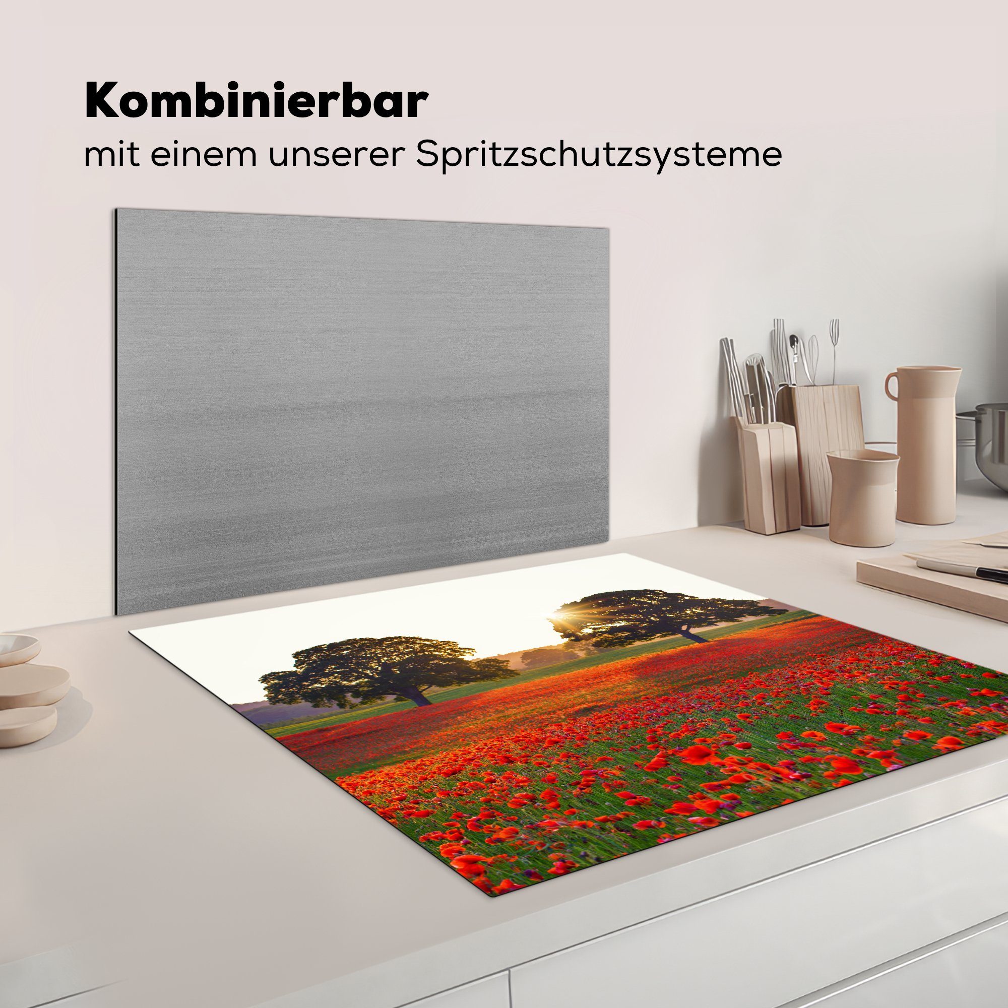 - Sonne, Herdblende-/Abdeckplatte Arbeitsplatte (1 Mohnblumen küche Blumenfeld Vinyl, - tlg), MuchoWow für Ceranfeldabdeckung, cm, 78x78