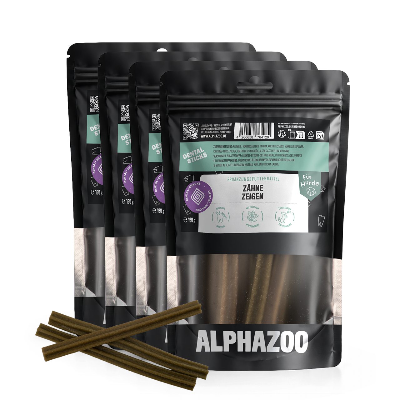 ALPHAZOO Zähne Zeigen Dentalstick 4 x 7 Stück, Anti Plaque Zahnsnacks für Hunde, Snack für: Hunde, Zahnpflege-Kausnack bei Zahnbelag und Mundgeruch