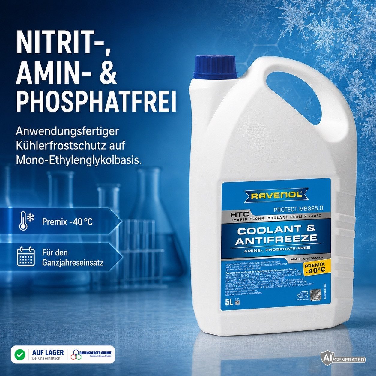 Ravenol Kühlerfrostschutz HTC Premix -40°C Protect MB 325.0 Kühlmittel Fertigmischung Blau, 5 l, 5L Kühlmittel Premix – MB 325.0 – Frostschutz bis -40 °C – Bild 5 von 5