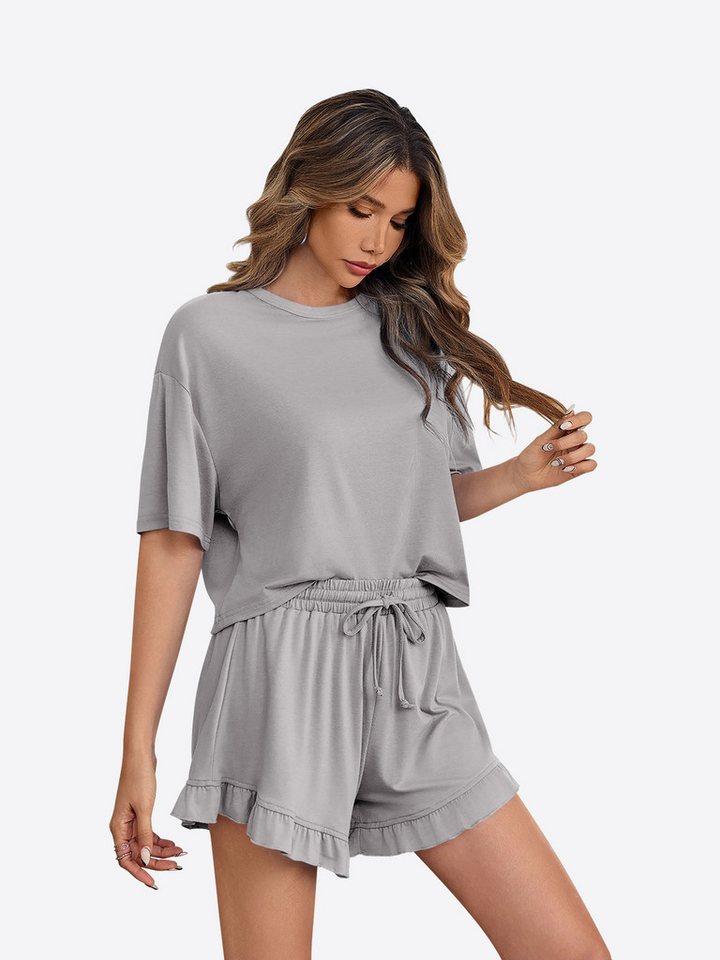 Imily Bela Hausanzug Damen Weich & Atmungsaktiv Pyjama Set 2-teilig (Set, 2 tlg., Hausanzug mit Crop-Top & Rüschen-Shorts) elastischer Taillenbund mit Kordelzug
