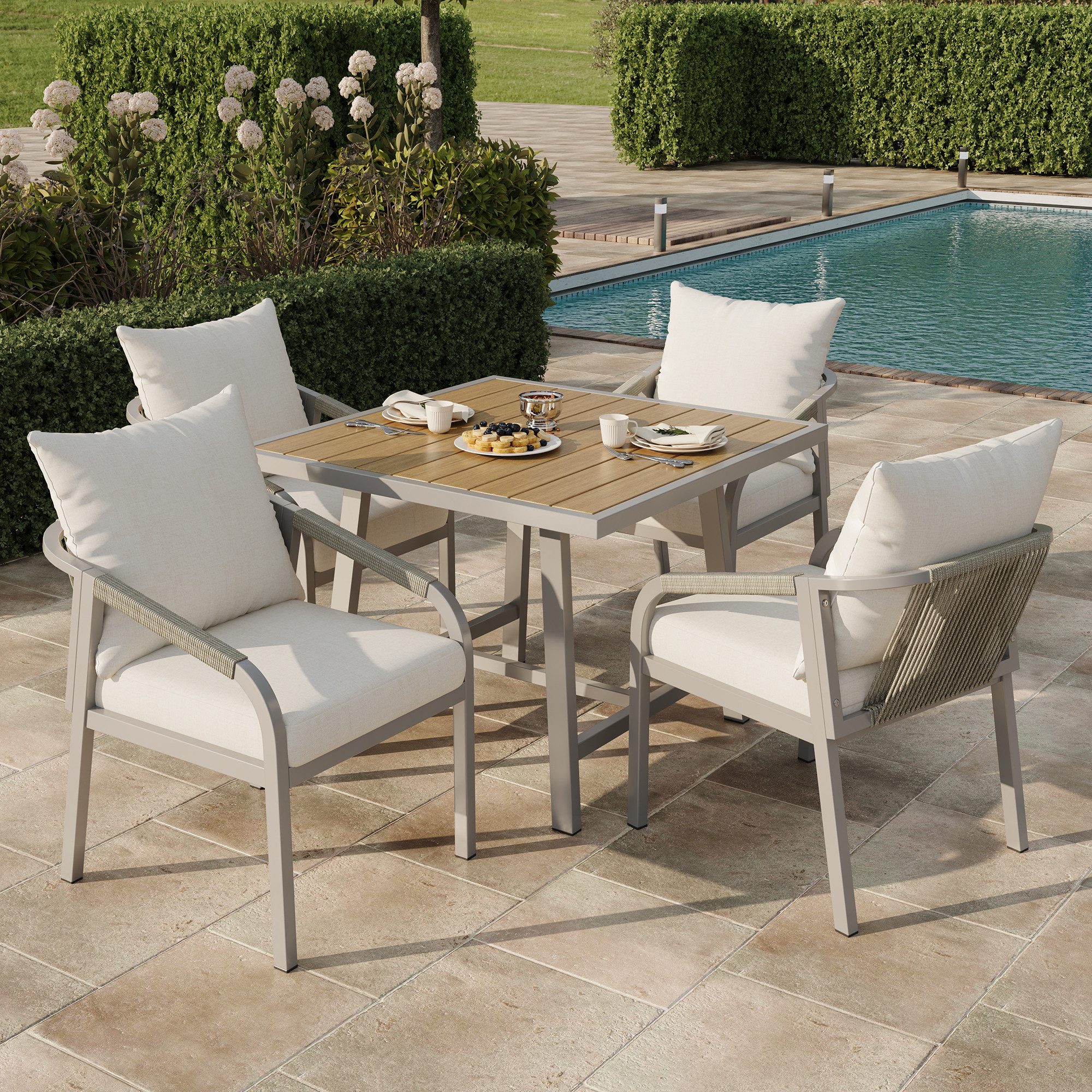 Flieks Garten-Essgruppe, (5-tlg), 4-Sitzer Essgruppe Gartenmöbel mit geflochtenem Seildesign