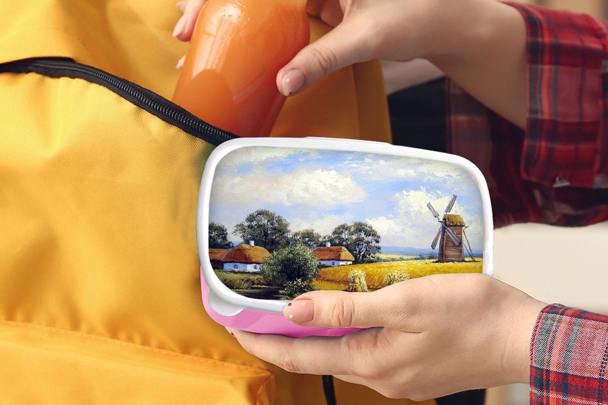 Lunchbox - - Brotbox - Snackbox, für (2-tlg), Bauernhof Kunststoff, MuchoWow Mühle Gemälde Mädchen, Ölfarbe, Brotdose Kunststoff Kinder, rosa Erwachsene,