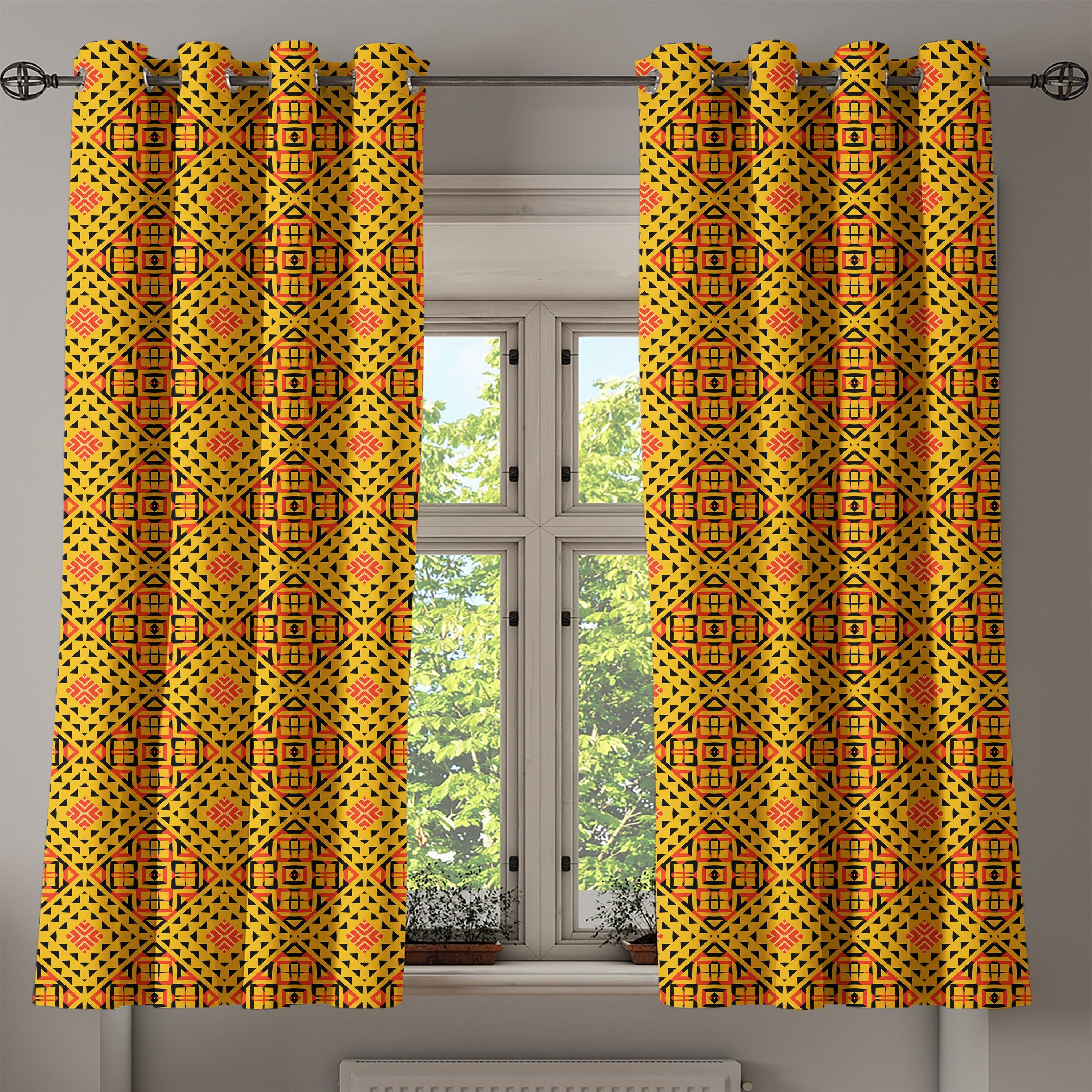 Gardine Dekorative 2-Panel-Fenstervorhänge für Schlafzimmer Kente Muster Töne Abakuhaus, Warme Tribal Wohnzimmer