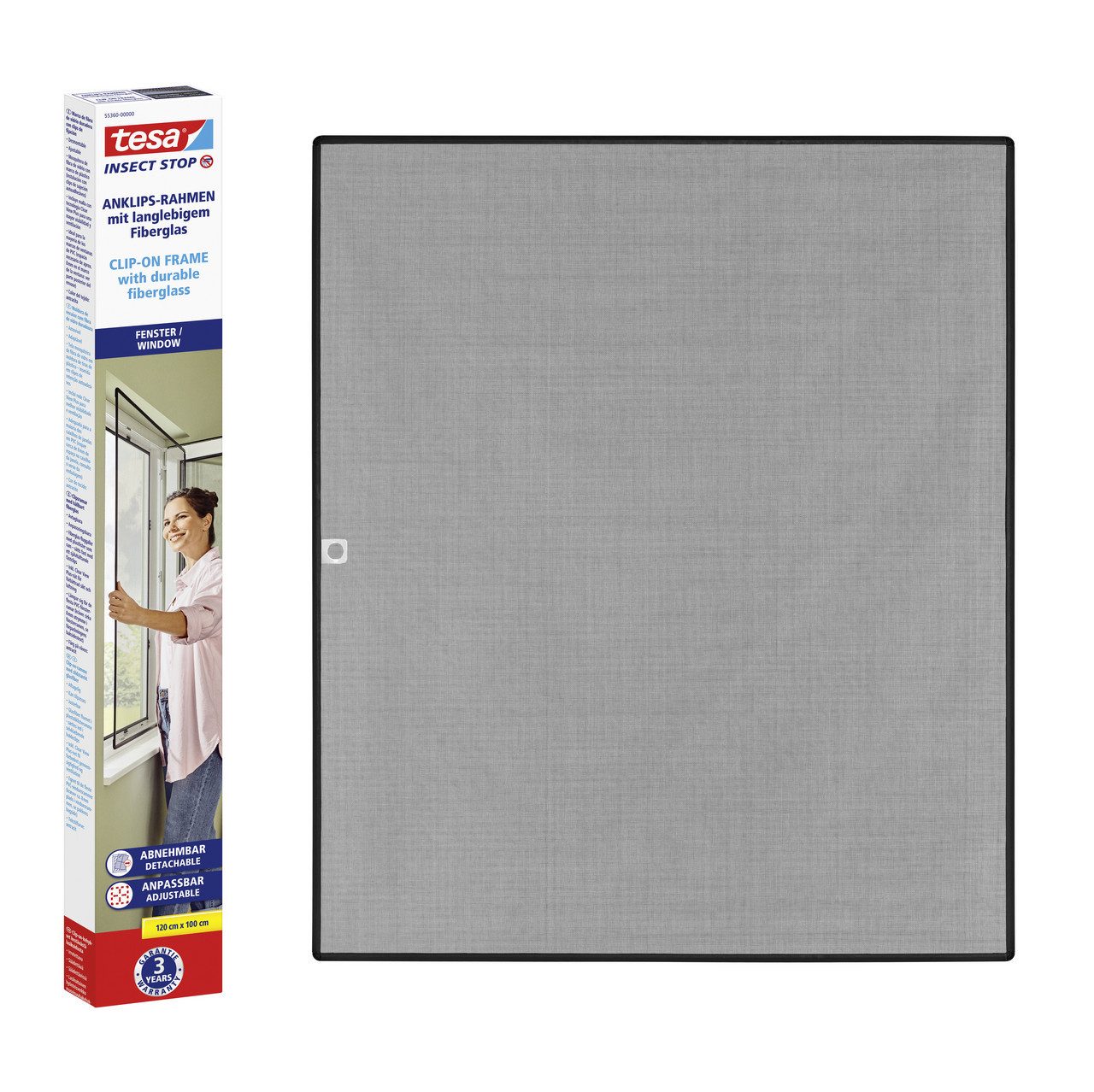 tesa Fliegengitter-Gewebe Insect Stop Clip On Insektenschutz für Fenster - 1,00 m x 1,20 m, (Komplett-Set, 1-St., inkl. Fiberglas-Netz in Anthrazit, Rahmen und Halteklip-Lösung)