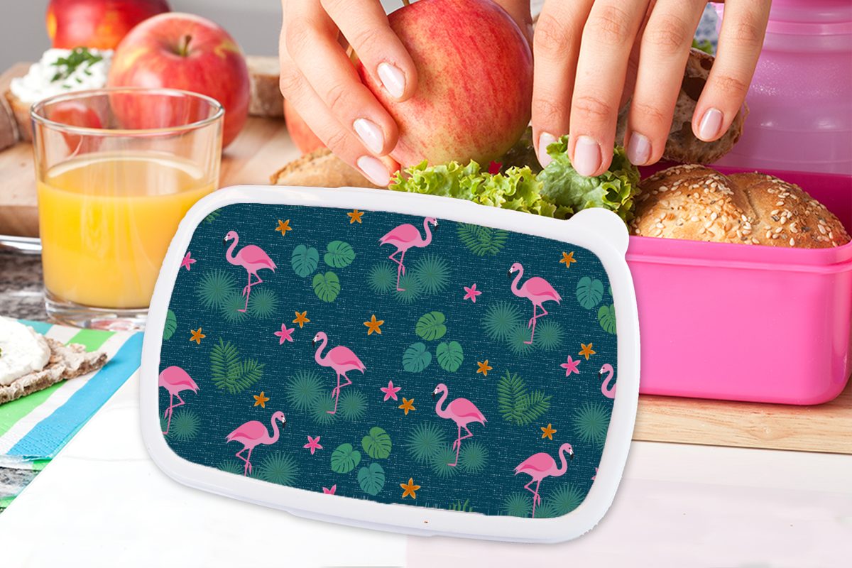 Brotdose Brotbox Lunchbox - Kunststoff, MuchoWow Snackbox, Muster, - (2-tlg), Mädchen, Kinder, Flamingo für Kunststoff Erwachsene, Pflanzen rosa