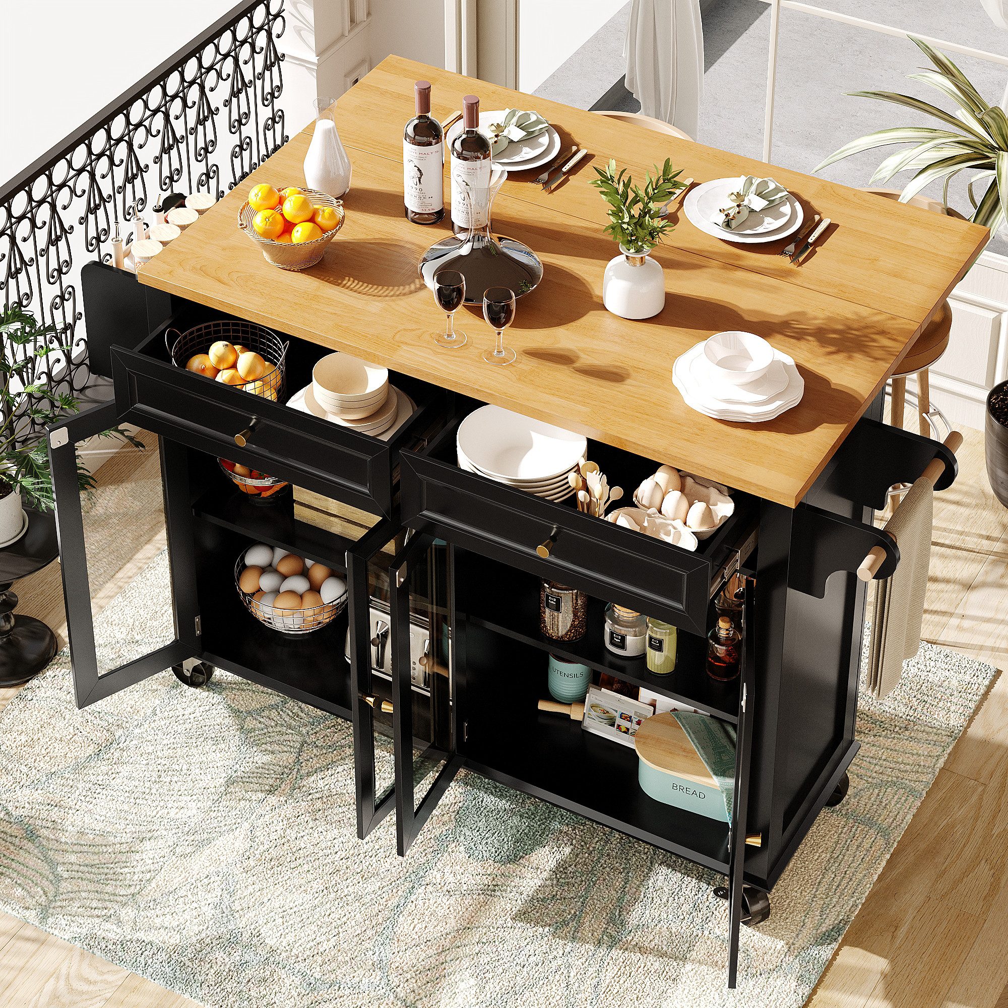 Odikalo Кухниinsel mit Arbeitsplatte, Кухниwagen Servierwagen Sideboard mit Glastüren, (Hochwertige Кухниinsel mit Rollen & Glastüren, Multifunktionaler Servierwagen mit Holzmaserung & großem Stauraum, Mobiler Buffetschrank, Кухниwagen für Esszimmer, Wohnzimmer, Küche, Schwarz / Weiß)