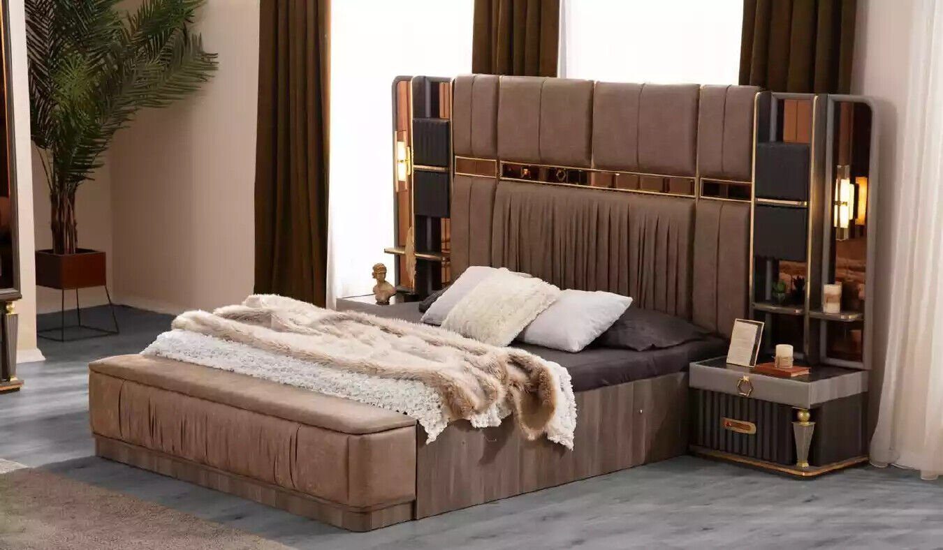 in Bett JVmoebel Garnitur, Schlafzimmer Nachttische/Kleiderschrank), Schlafzimmer-Set Luxus Set Beige (5-St., 5tlg Made Doppelbett Europa Bett/Bank/2x Stoff