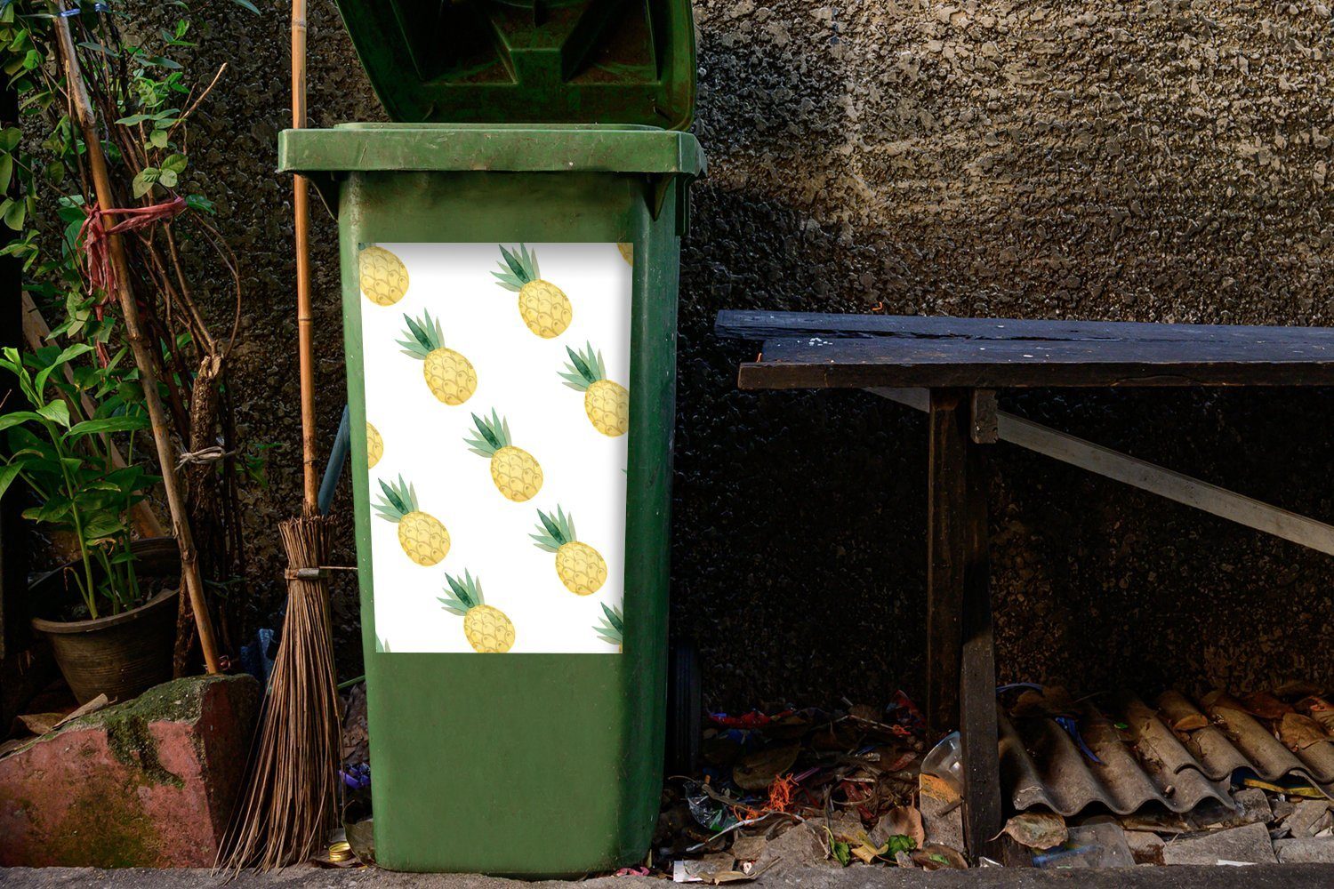 Obst Ananas Mülltonne, MuchoWow Mülleimer-aufkleber, (1 Abfalbehälter Aquarell Wandsticker - St), - Container, Sticker,
