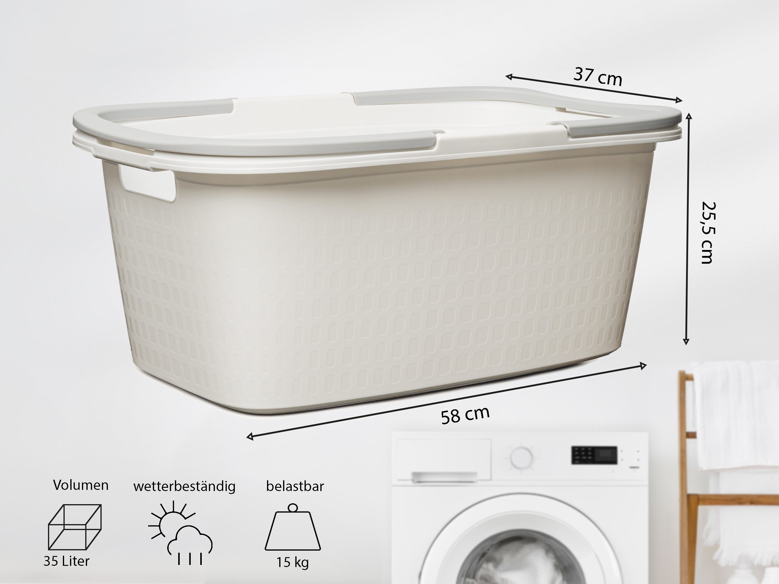 Hausfelder Wäschekorb Wäschewanne 58x37x25cm (Weiß, 6 Wannen, 35 l) (Set, 6 St., 6 x Wäschewannen), mit klappbaren Henkeln, mit Griffen, 35 Liter – Bild 4 von 5