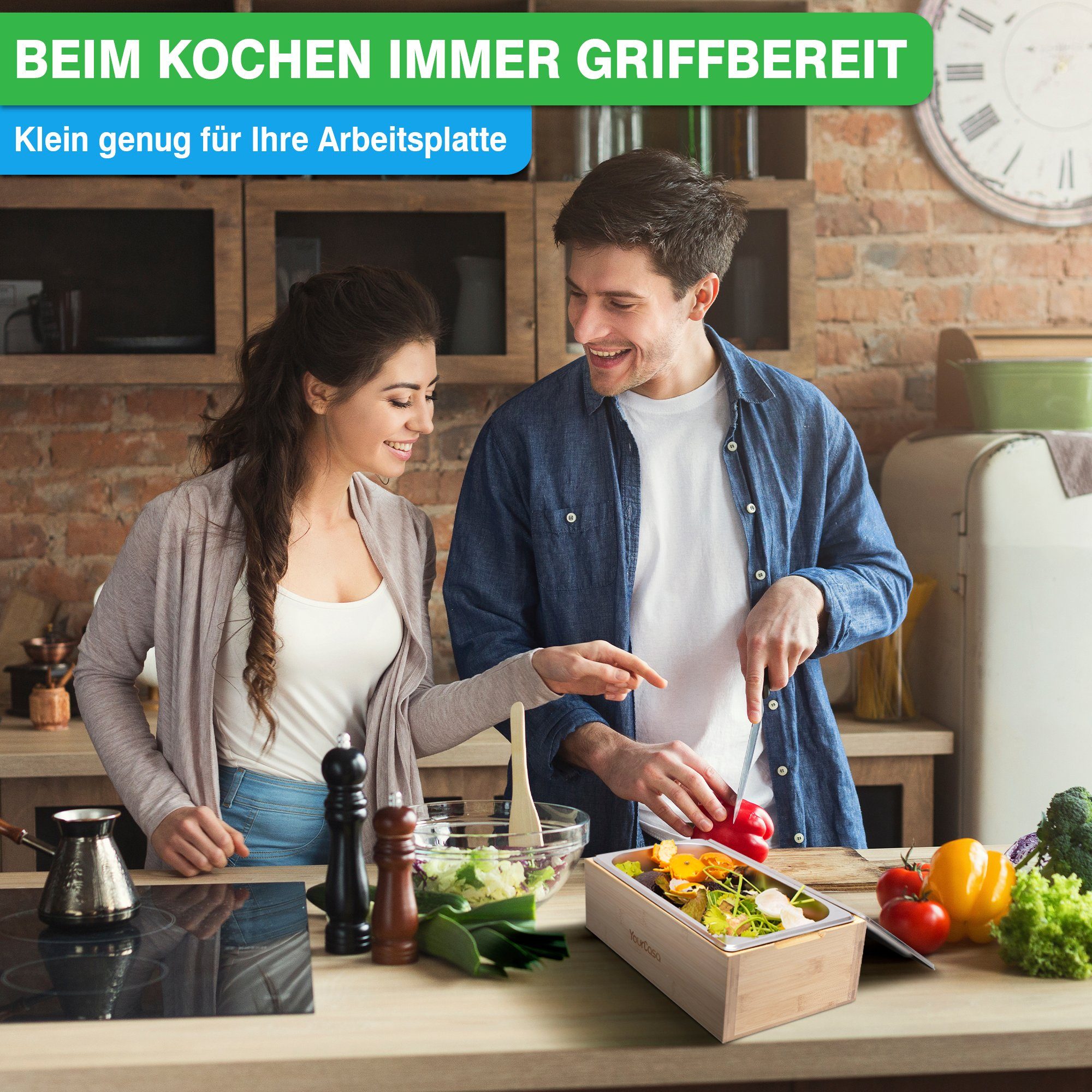YourCasa Biomülleimer Küche - Echtholz & Edelstahl für alltäglichen Bio Müll - Komposteimer, Fassungsvermögen, 4l, Edelstahl – Bild 2 von 5