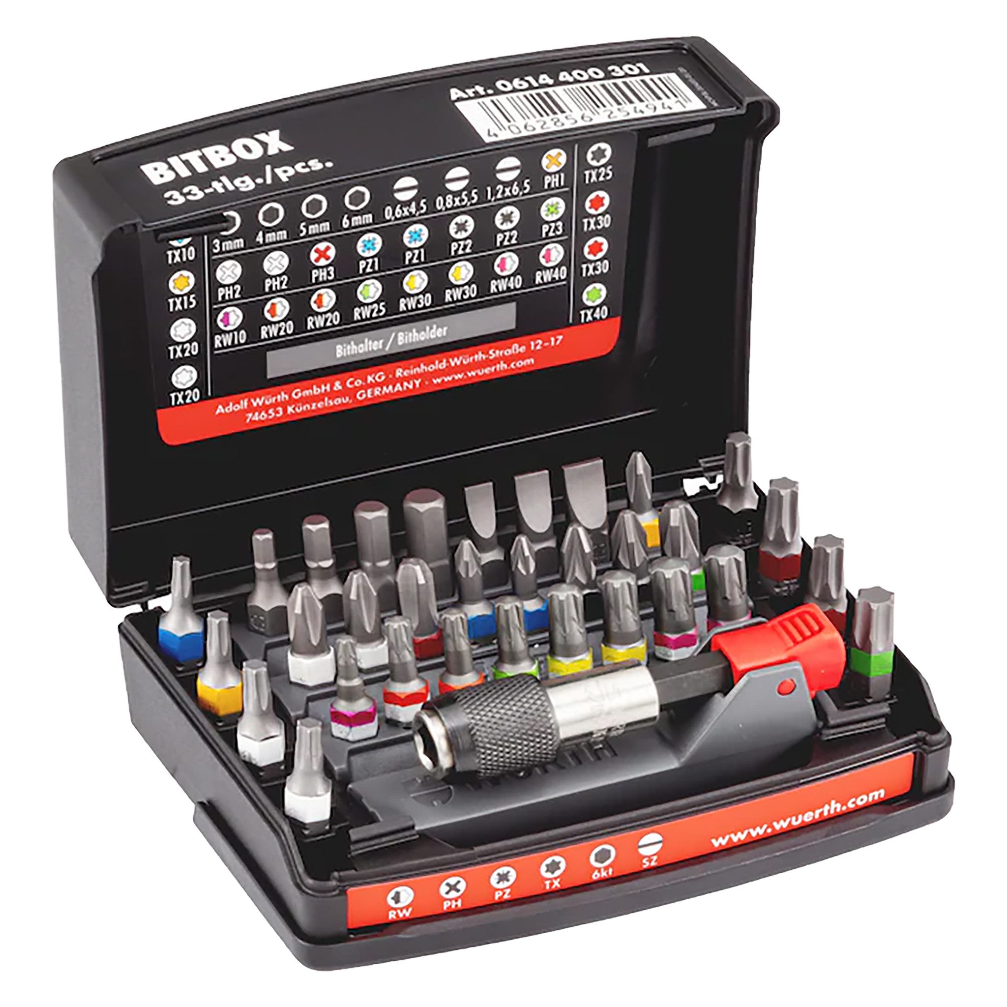 Würth Bohrer- und Bitset Würth Bit-Sortiment 1/4 Zoll mit Gürtelclip 33-tlg. 0614400301 Orsy, 33-St.