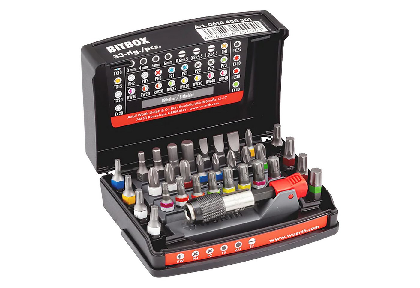 Würth Bohrer- und Bitset Würth Bit-Sortiment 1/4 Zoll mit Gürtelclip 33-tlg. 0614400301 Orsy, 33-St.