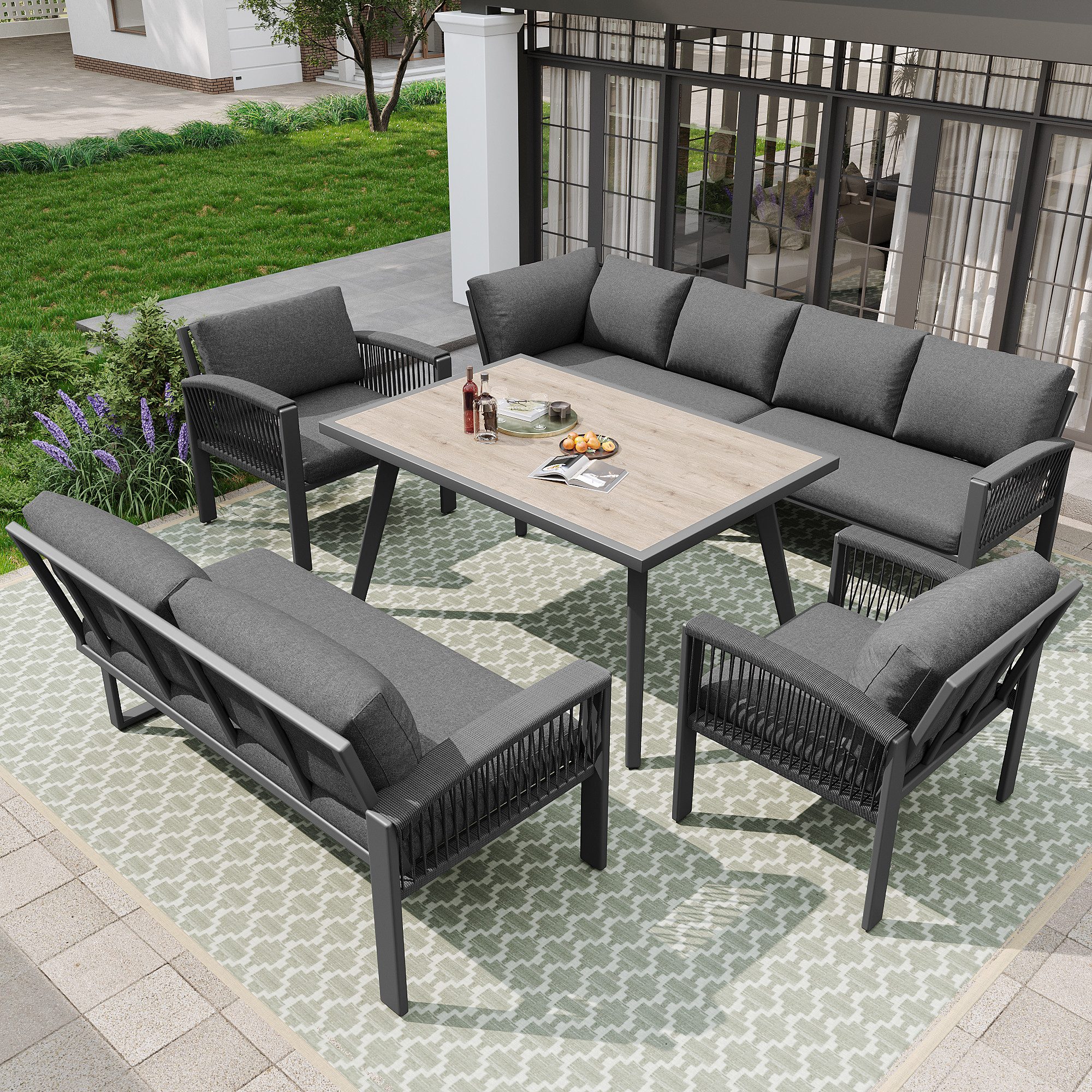 Merax Gartenlounge-Set aus Seil, (6-tlg), Gartenmöbel 8-Sitzer Sitzgruppe mit 3 2-Sitzer-Sofa, 2 Sessel & Tisch