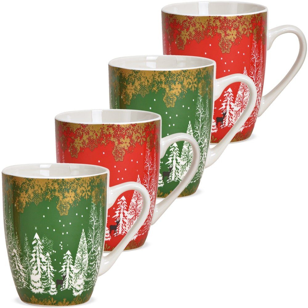 matches21 HOME & HOBBY Tasse Weihnachtstassen 4er Set Skandi Design Wald Hirsche, 4-tlg., Porzellan, Tee Kaffee-Becher, Weihnachten, modern Vintage, rot grün, 340 ml