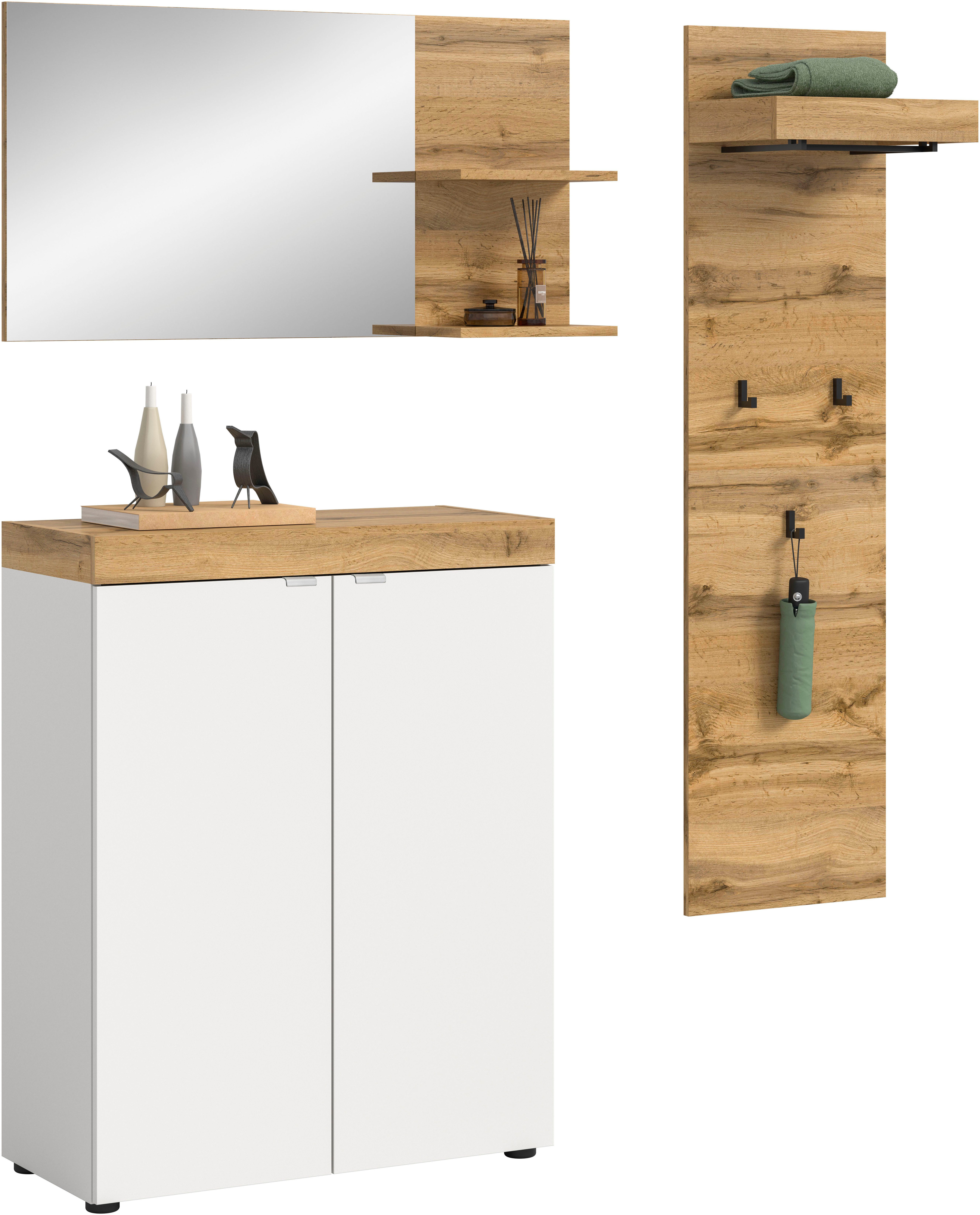 OTTO home Garderoben-Set MAMBO II, 3-teilig, hängend oder stehend montierbar, (3-St., bestehend aus: Schuhschrank, Spiegel & Garderobenpaneel), Garderoben-Kombi, Garderobe, Flur, Diele