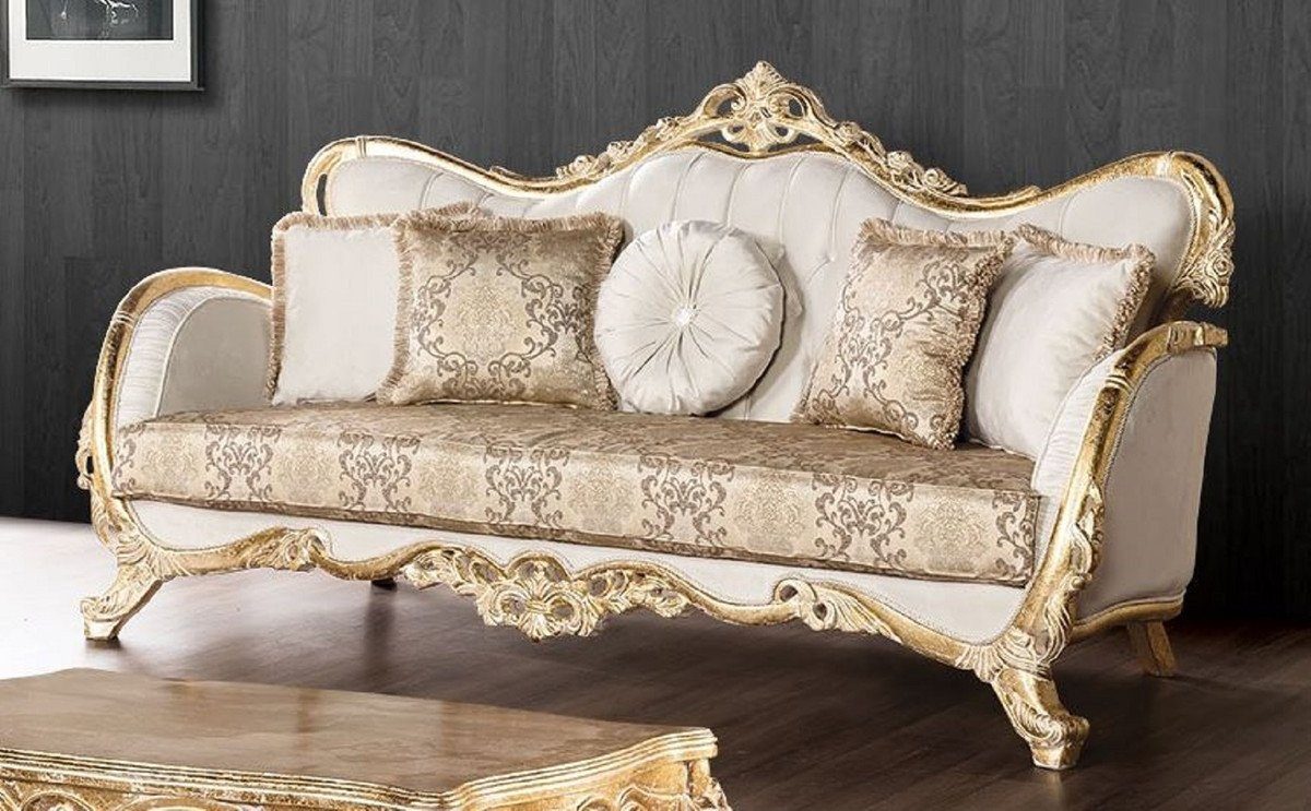 Casa Padrino Sofa Luxus Barock Sofa Weiß / Mehrfarbig / Antik Gold - Prunkvolles Wohnzimmer Sofa mit elegantem Muster - Barock Wohnzimmer Möbel - Edel & Prunkvoll