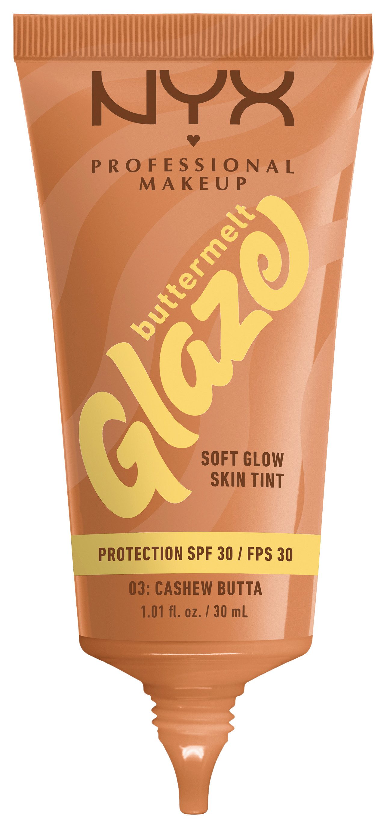 NYX Foundation NYX Professional Makeup Buttermelt Glaze Foundation LSF 30, Pflegend, spendet Feuchtigkeit, ohne Rückstände und öliges Finish.