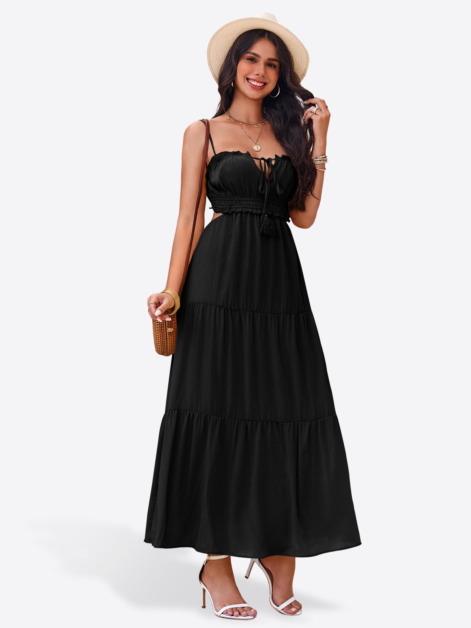 Imily Bela Maxikleid Damen Strand mit Rüschen Bänder ärmellos Boho Sommer Urlaub (Packung, 1-tlg., 1per-Pack) in Unifarbe