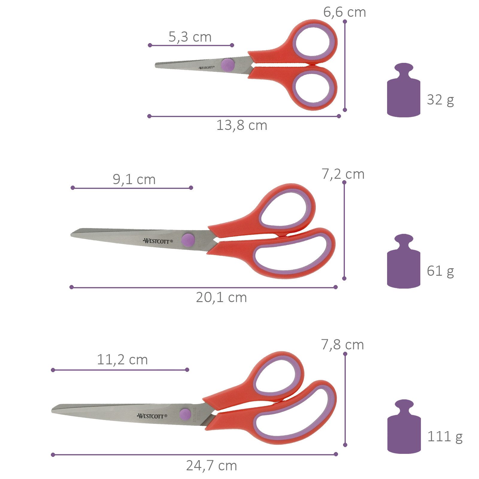 WESTCOTT Scheren-Set Easy Grip Scheren 3 Stück Rot, Universalscheren mit Komfort-Griff, (Vorteilspack, 3-tlg), Extrascharfe & langlebige Edelstahlklinge