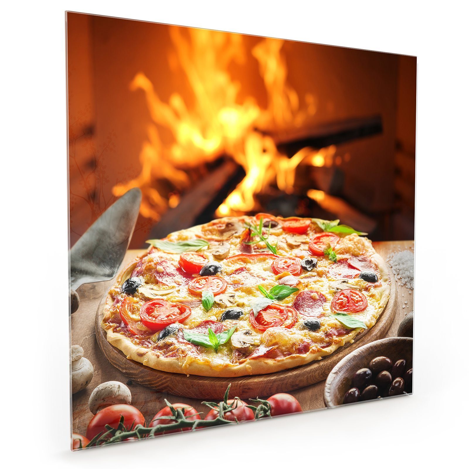 Primedeco Küchenrückwand Küchenrückwand Spritzschutz Glas mit Motiv Pizza aus dem Holzofen
