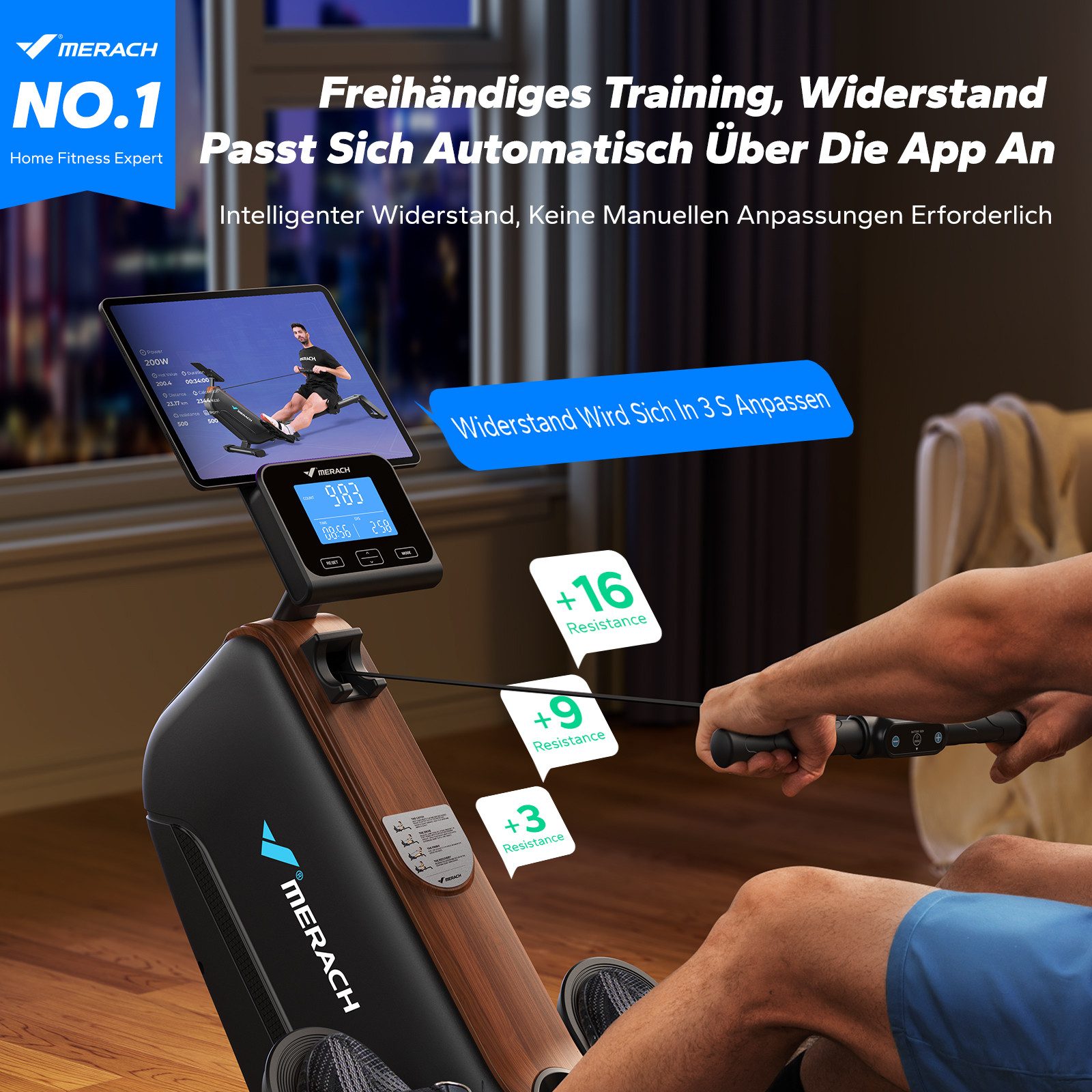 MERACH Rudergerät für Zuhause, Leises Magnetisches Rudergerät, mit LCD-Display (16 Stufigem Magnetrudergerät, mit Bluetooth Monitor, mit Verstellbarer Tablethalterung, App Intelligente Überwachung), Leicht zu Montieren, 160 kg Belastbarkeit, Vertikal Verstaubar