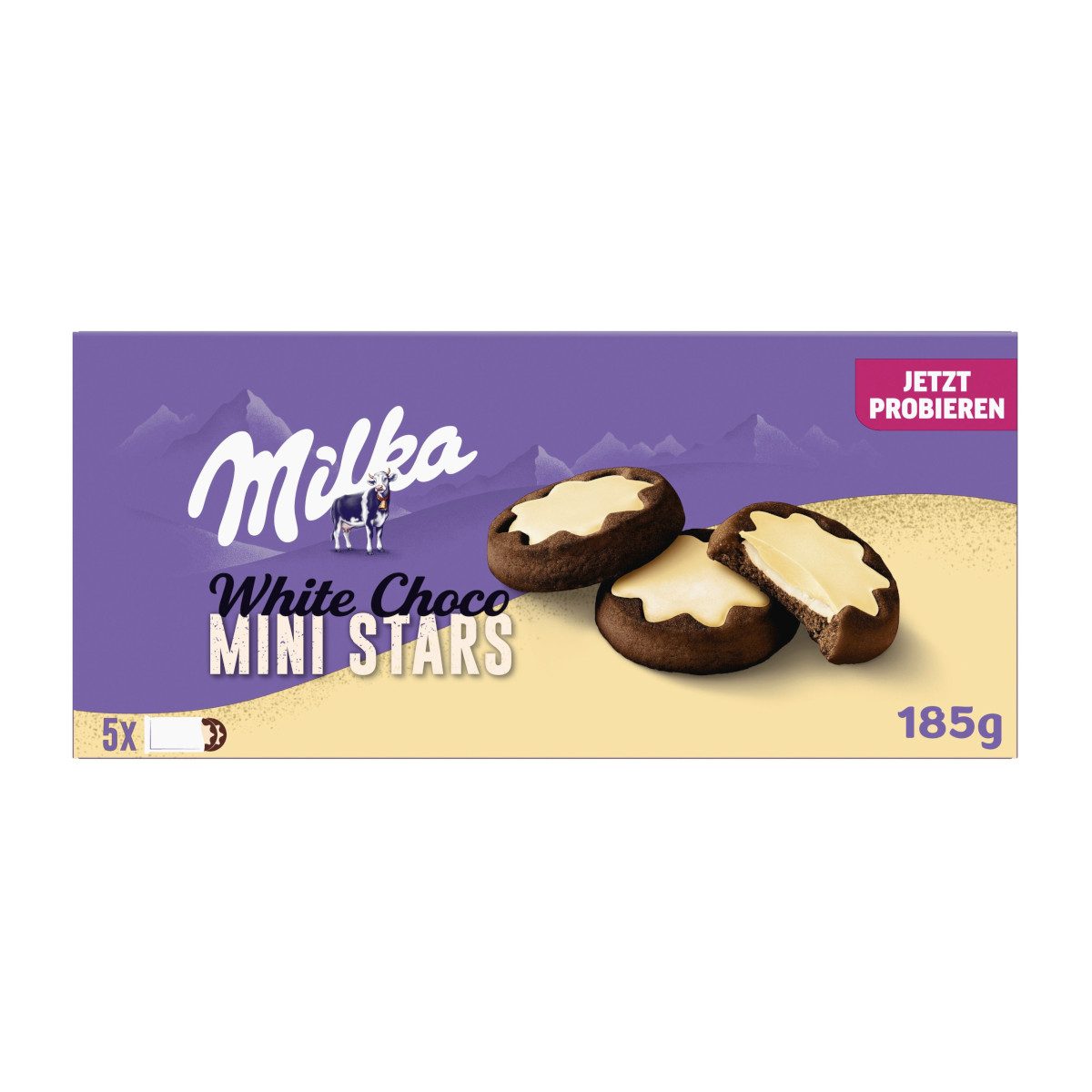 MILKA Schokolade, Milka Mini Stars White Choco Kakaokekse mit Füllung Packung 185g