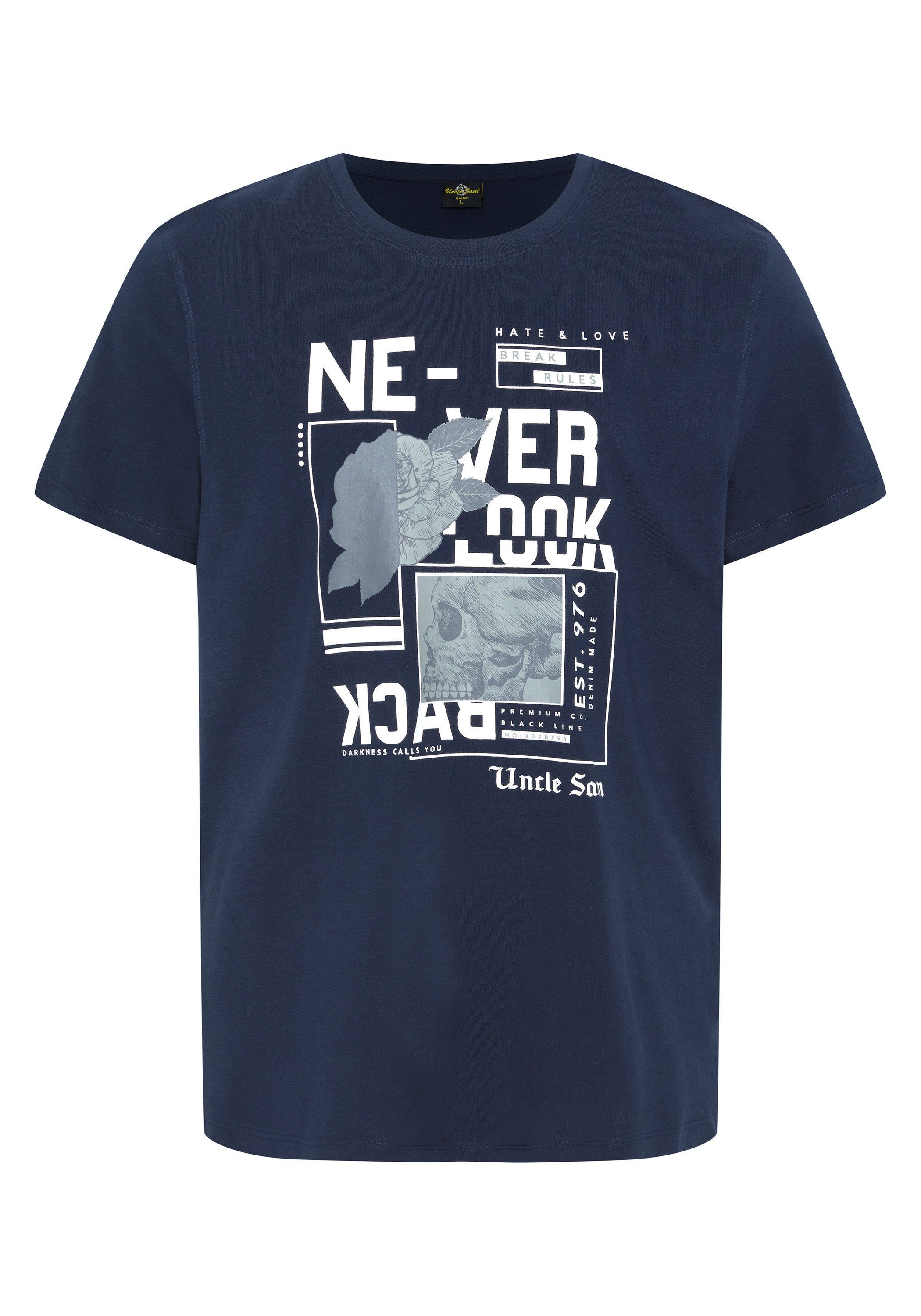 Uncle Sam Print-Shirt mit NEVER LOOK BACK Schriftzug 19-3923 Navy Blazer