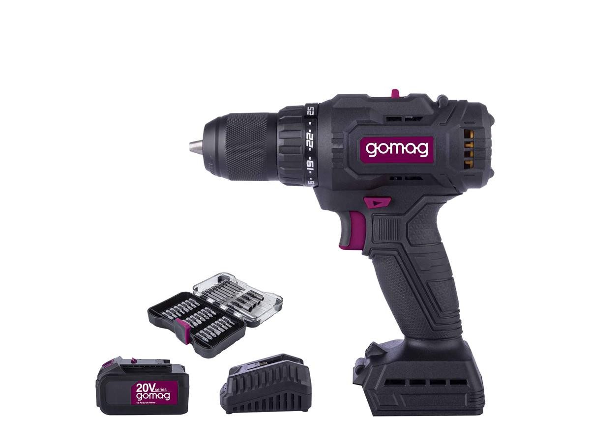 Gomag Akku-Bohrschrauber GO-BS60BL 4,0 Ah Akku, Ladegerät, Bitschrauberset, 20 V, (Set, 4-tlg)