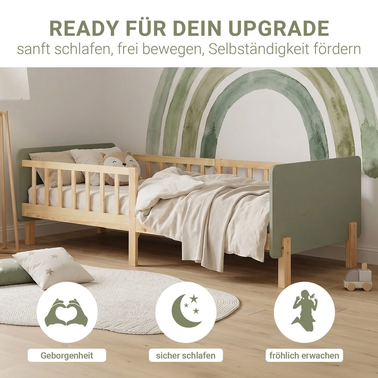 Homestyle4u Kinderbett 90x200 Holzbett Einzelbett Rausfallschutz Gestell Kinderzimmer (Set, mit Lattenrost), Grün