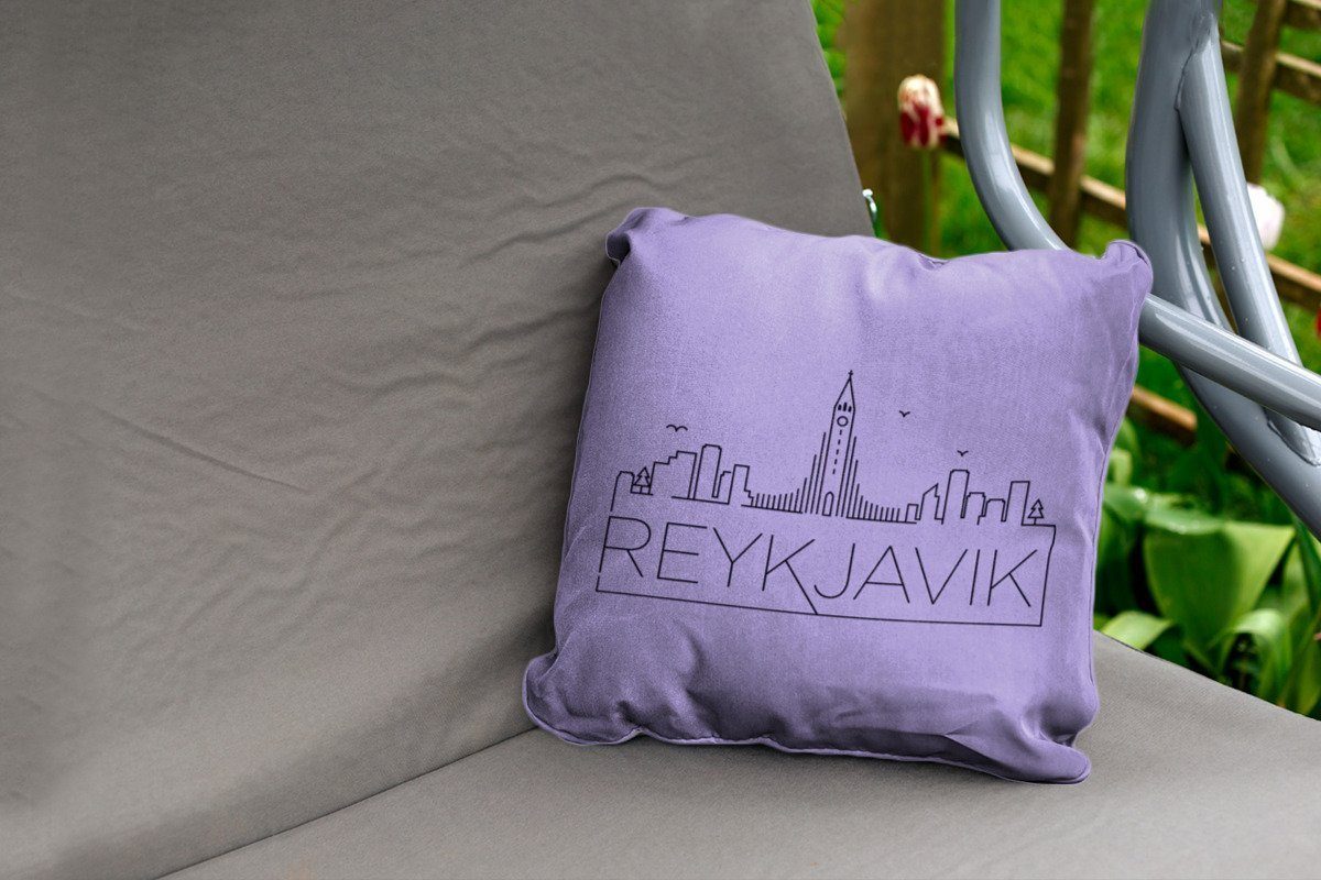 Dekokissen violetten Kissenbezüge, Stadtbild Hintergrund, Dekokissenbezug, "Reykjavik" Dekokissen, vor Kissenhülle, einem MuchoWow Outdoor