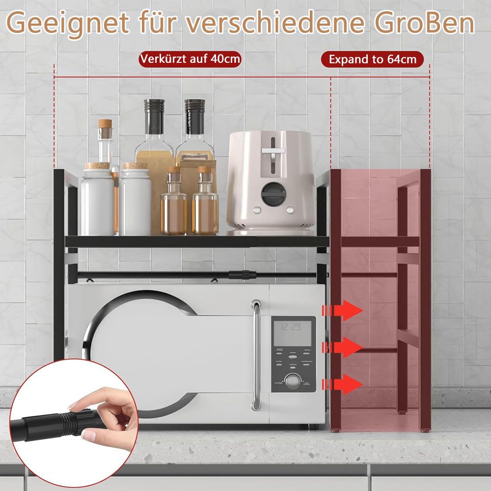 TUWENA Küchenregal Erweiterbares Mikrowellen Regal, Platzsparender Organizer für Küche, Regal über mikrowelle, küchenregal stehend für arbeitsplatte mit Haken – Bild 4 von 5