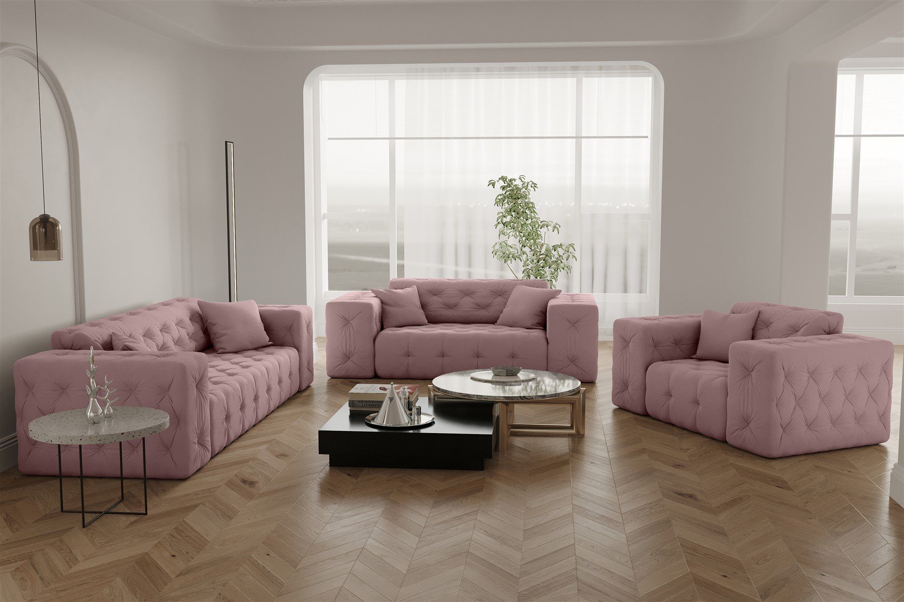 Fun Möbel Polstergarnitur Sofaset Designersofa CHANTAL 3-2-1 in Stoff Opera Velvet, (Sofaset Designersofa CHANTAL 3-2-1 in Stoff Opera Velvet) Pink