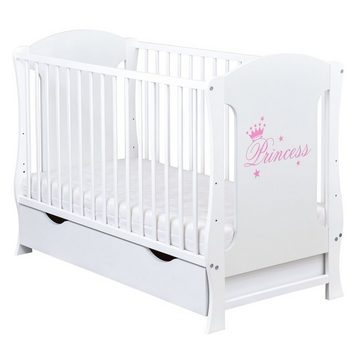 Baby-Delux Babybett Lia Princess, Kinderbett 60x120 cm weiß Schublade Kiefer Princess Motiv Matratze