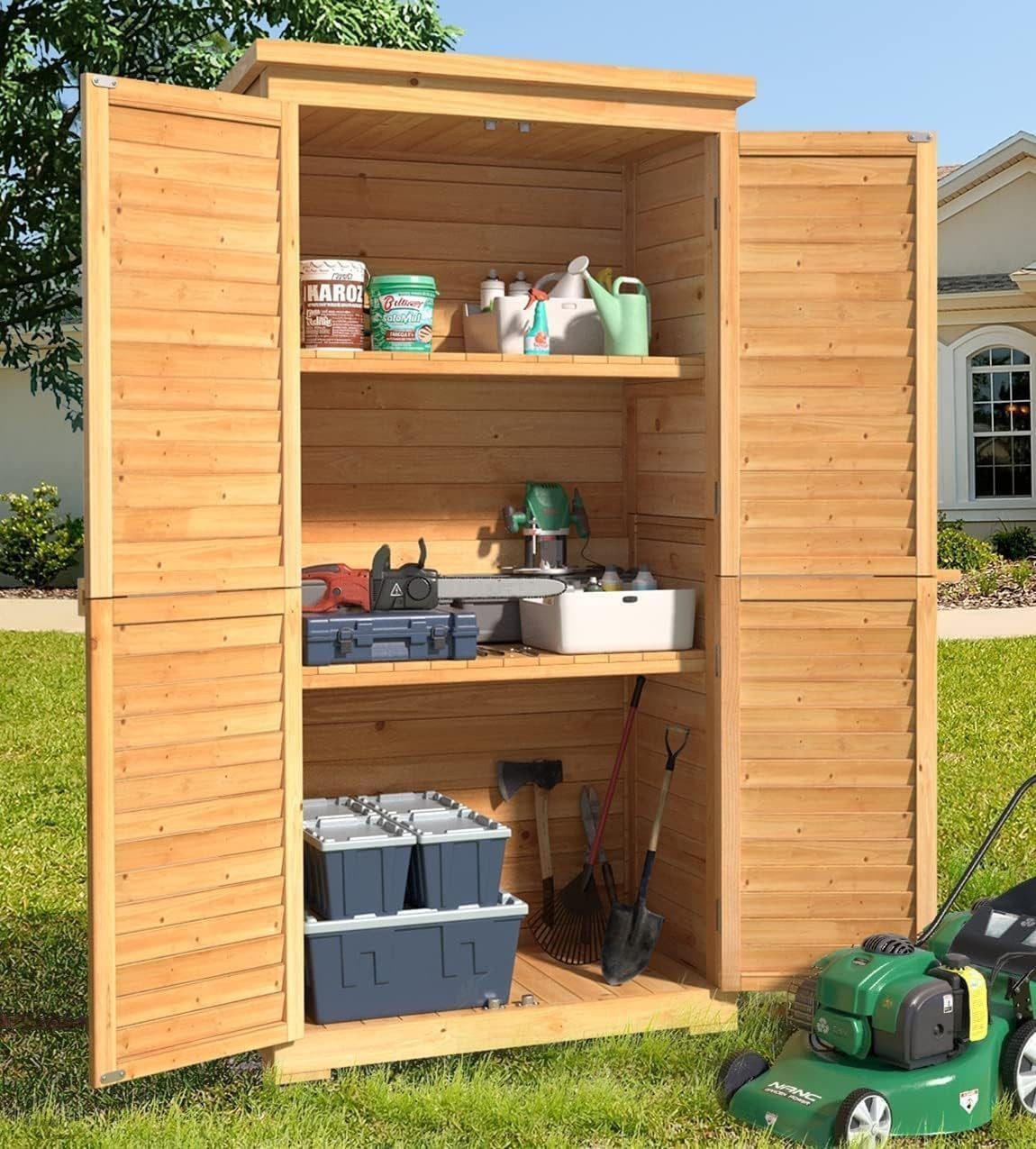 Blishom Gerätehaus Gartenschrank Holz mit Schloss, Geräteschrank Outdoor wasserdicht, mit 3 Regalen, Bitumendach, 160 × 47 × 87 cm