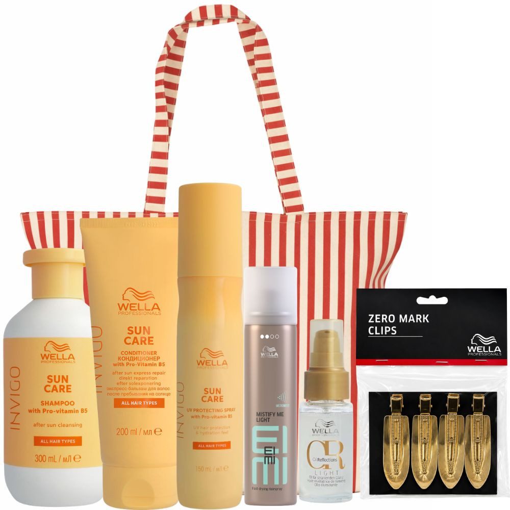 Wella Professionals Haarpflege-Set Invigo Sun Care Summer Set mit Accessoires, 7-tlg., Rundum-Pflege für sonnengestresstes Haar + Accessoires