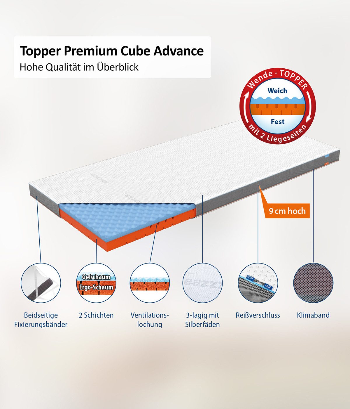 Genius, Topper Eazzzy Topper Premium Cube Advance, 9 cm hoch, (1-tlg), Temperaturausgleich, 180x200 cm 140x200 cm und weitere Größen