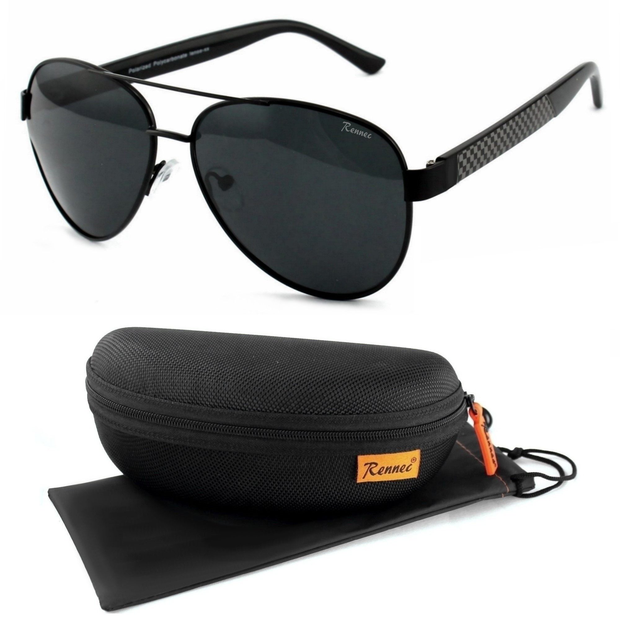 Rennec Sonnenbrille (Polarisierte Pilotenbrille Oversize Schwarz mit Brillenbox, 1x Piloten Sonnenbrille für Damen Herren in XL) Linsen Smoke Schwarz UV400 Getönt sportlich breite Bügel
