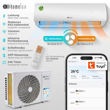 Homelux Split-Klimagerät, mit WiFi/App Funktion, Kühlen A++/ Heizen A+ 9000 BTU/h (2.600 Watt)