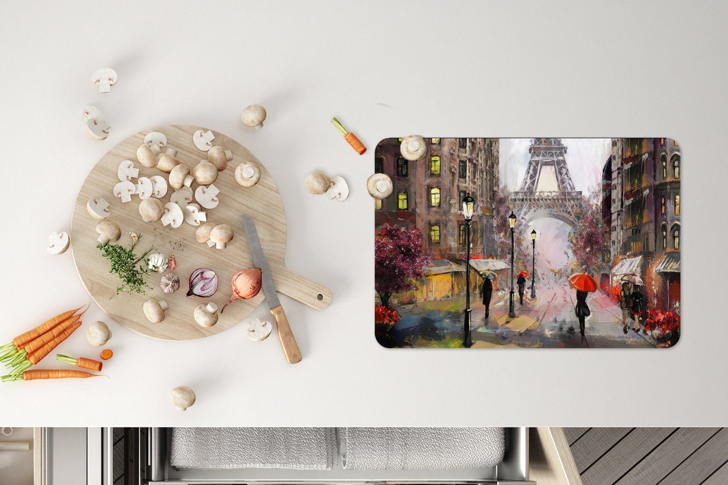 Tischmatten, MuchoWow, - Eiffelturm - Ölgemälde, Platzset, Gemälde - Platzset, (6-St), - Paris Schmutzabweisend Regenschirm Platzdecken, Platzmatte,