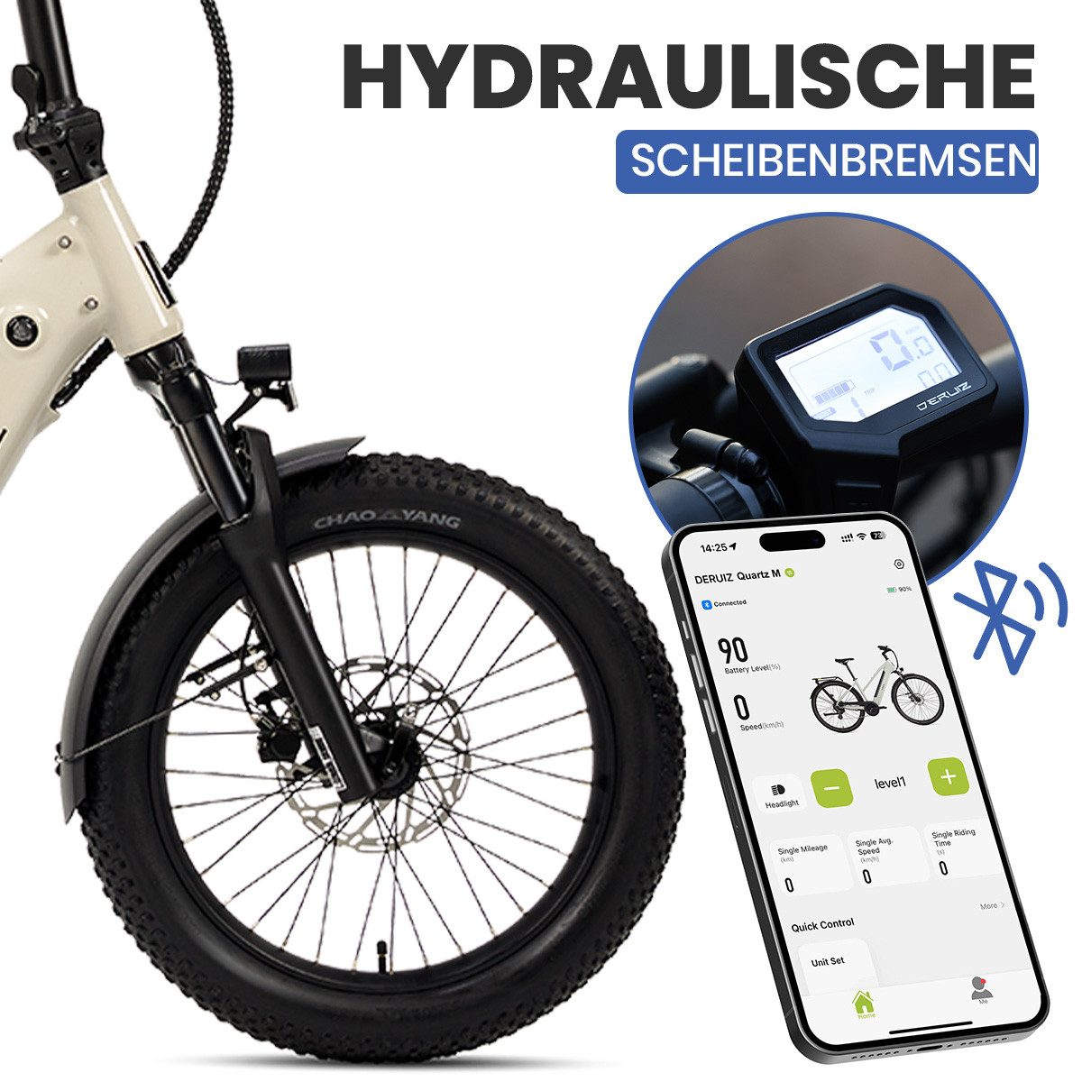 DERUIZ E-Bike Klapprad 20x3,0 Zoll, max. 140km, Federsattelstütze, mit Bluetooth, 5 Stufen, 8 Gang SHIMANO SHIMANO ALTUS 11-32T Schaltwerk, Kettenschaltung, Heckmotor, 500 Wh, (mit Akku-Ladegerät, mit Werkzeug), RH:36cm, Bremslicht, Gepäckträger (max.50kg), hydraulische Bremsen