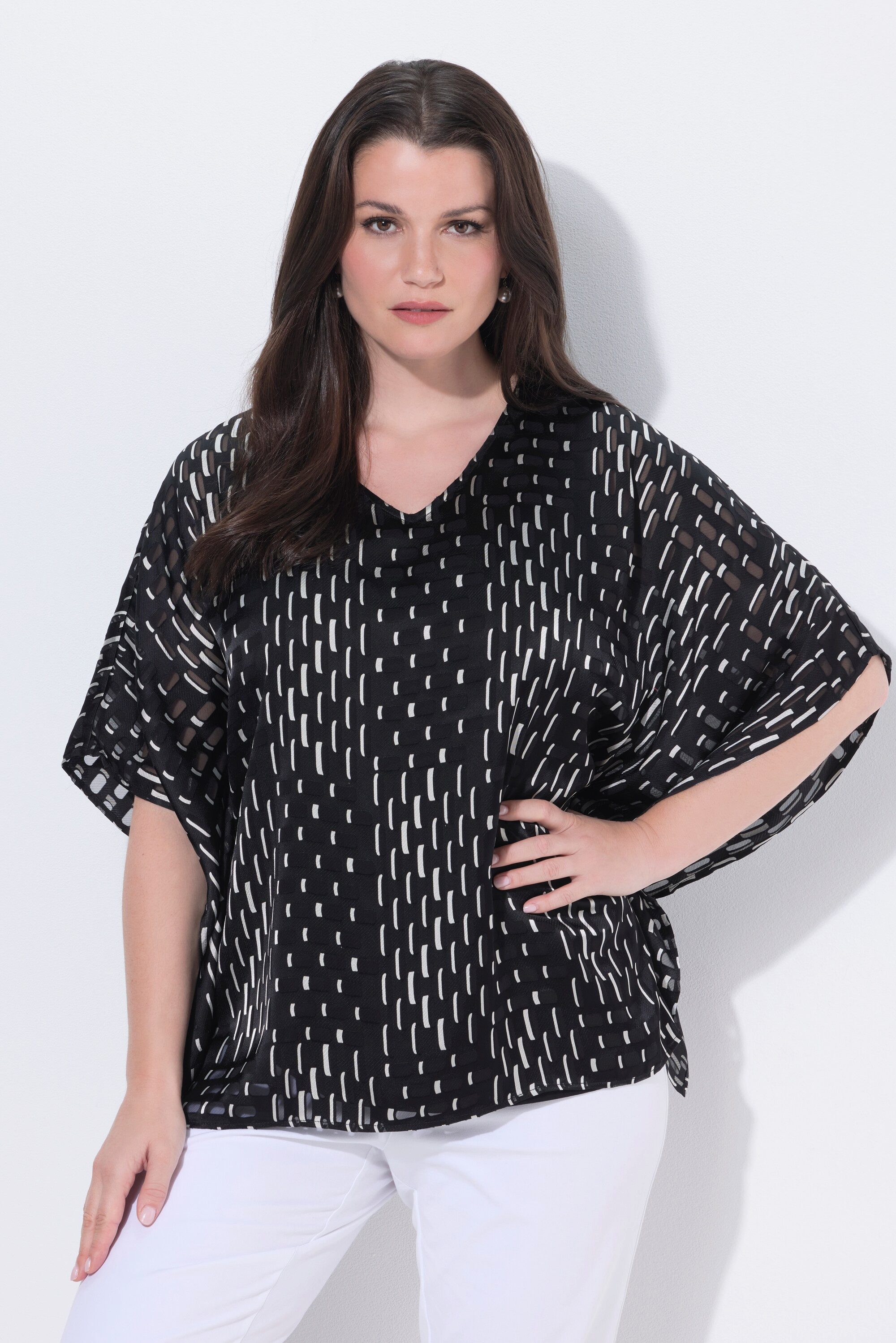 Druckbluse Mesh-Bluse doppellagig Oversized V-Ausschnitt