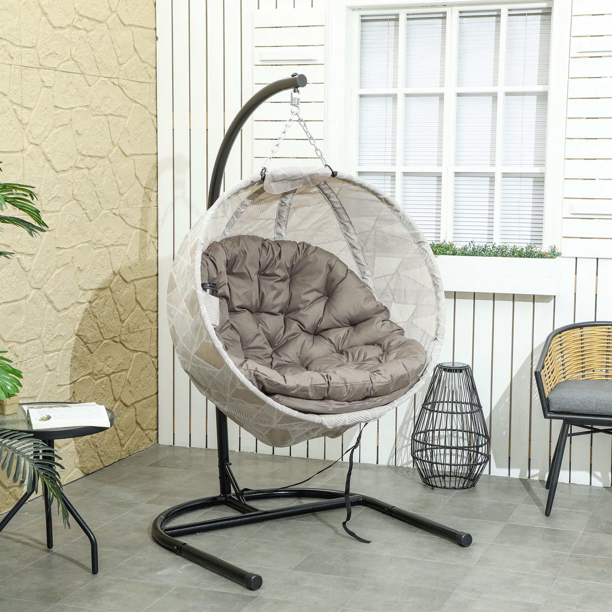 Outsunny Hängesessel Eiförmig, faltbar mit Becherhalter, abnehmbar waschbar Sitz, U-Gestell (Hängestuhl, 1-St., Schaukelstuhl), bis 120 kg Belastbar, Polyester, Sand