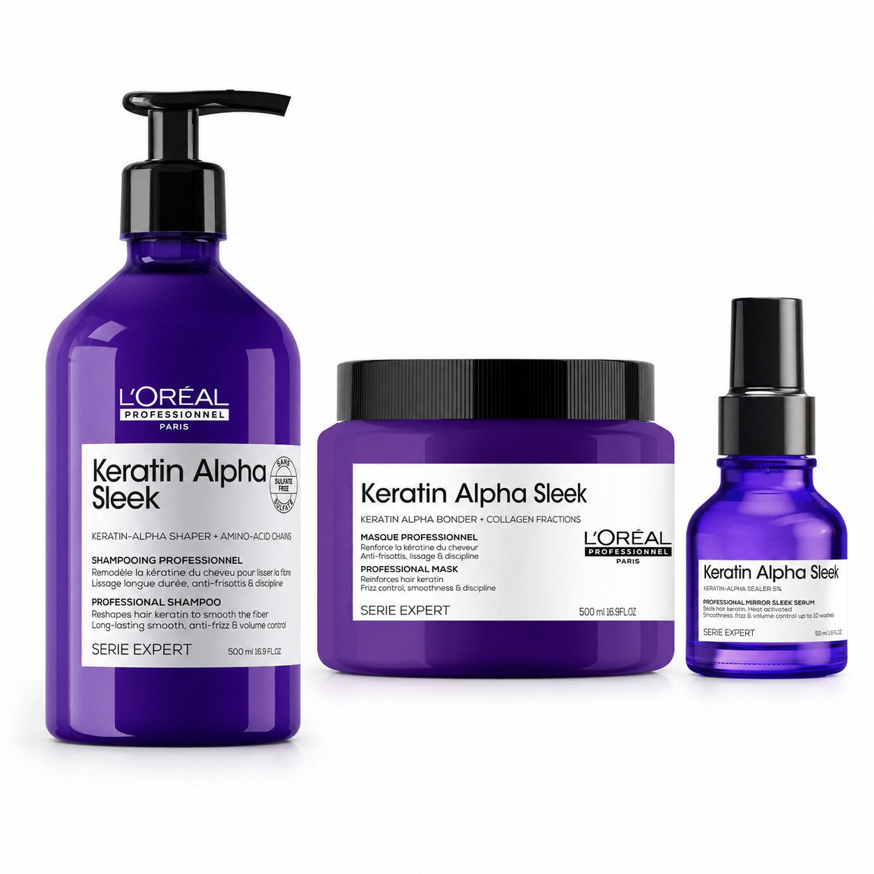 L'ORÉAL PROFESSIONNEL PARIS Haarpflege-Set L'Oréal Keratin Alpha Sleek Shampoo Maske Serum Set 1050 ml, 3-tlg., reichhaltig