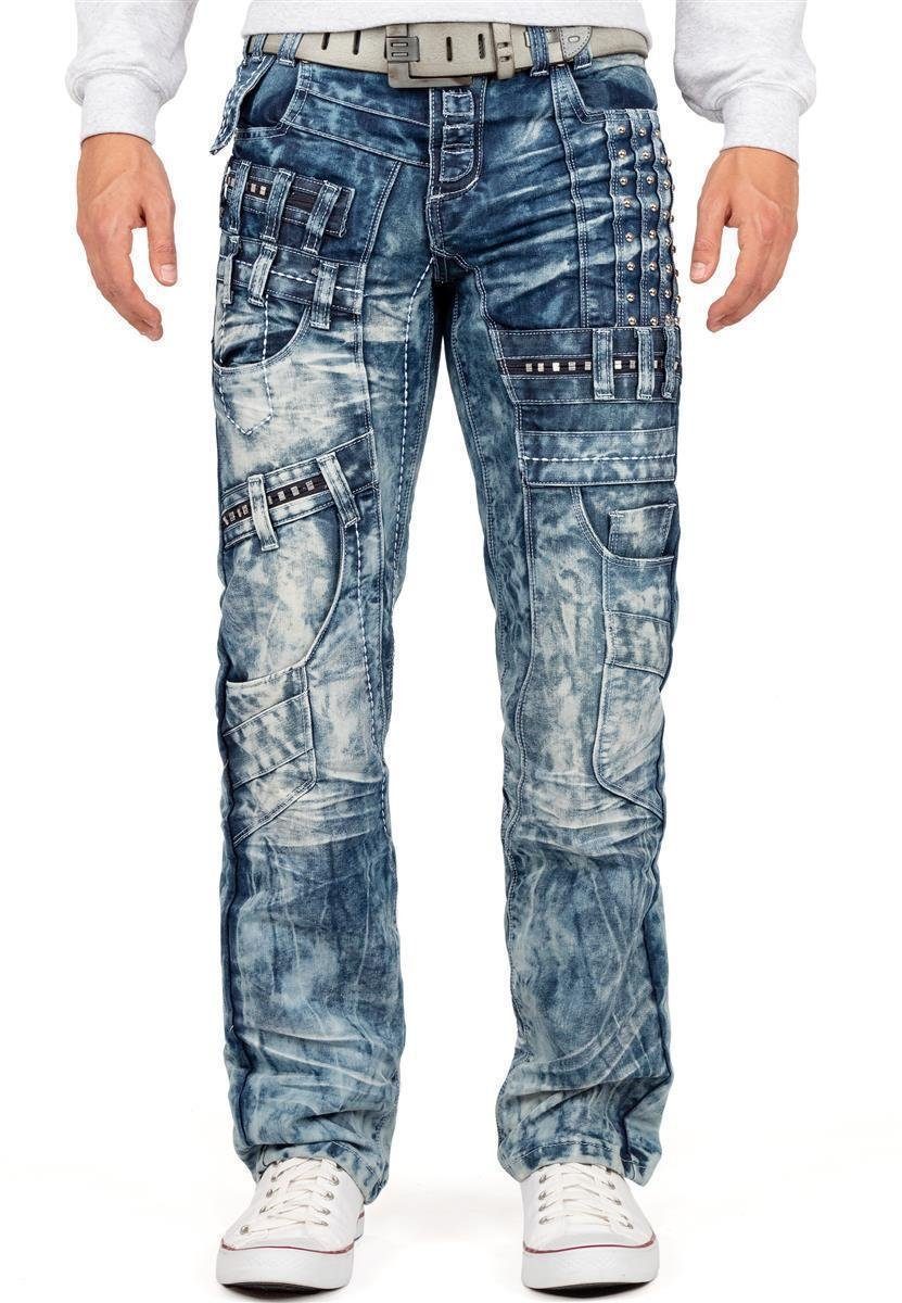 Kosmo Lupo 5-Pocket-Jeans Auffällige Herren Hose BA-KM8004 Blau W30/L32 (1-tlg) mit Nieten und Ziernähten
