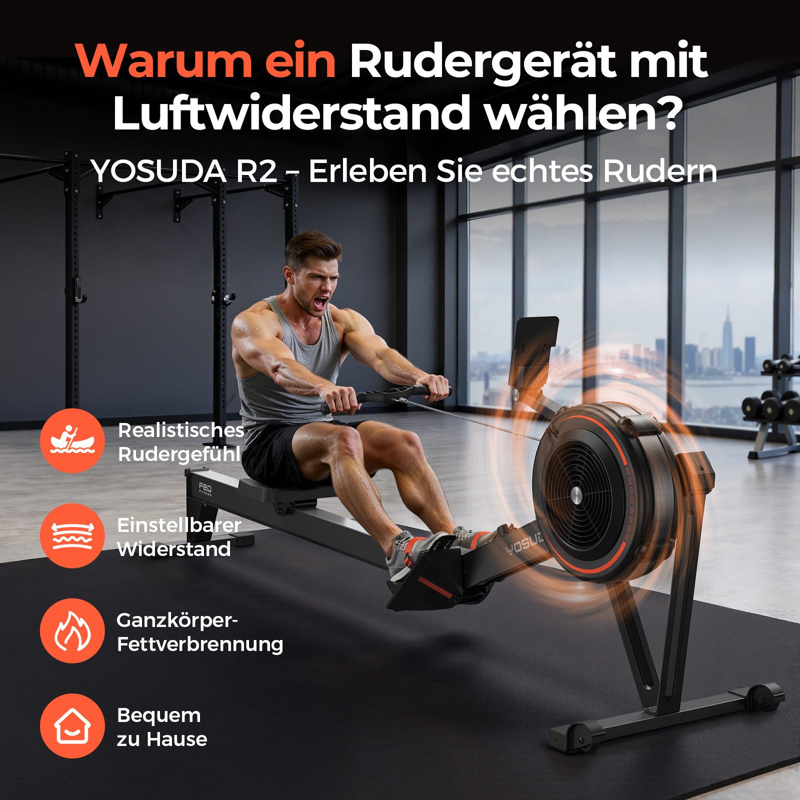 YOSUDA Rudergerät Klappbares Profi-Rudergerät für Zuhause, 10-Stufen Luftwiderstand (1-tlg), mit Bluetooth App-Funktion für große Nutzer